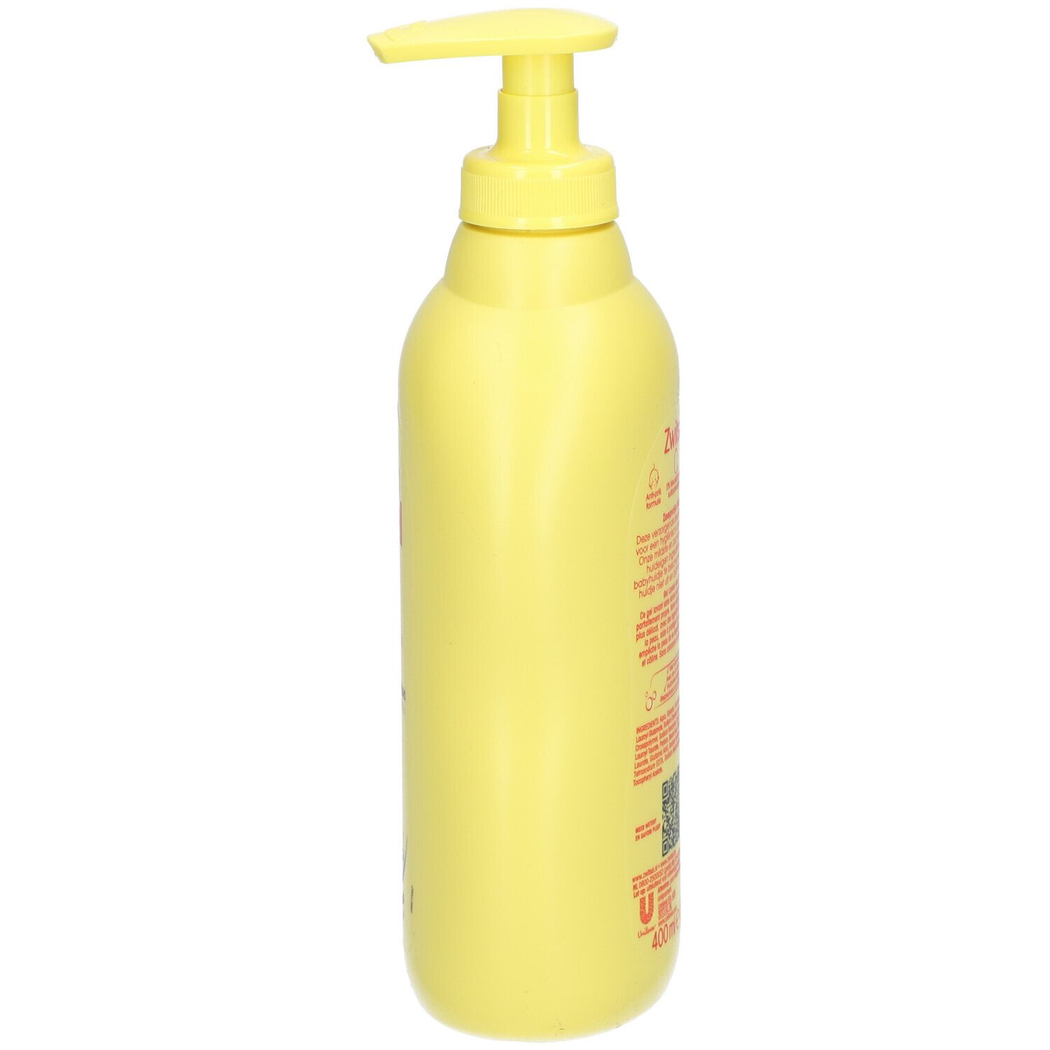 Gele fles met doseerpomp, zijaanzicht. Opschrift: Zwitsal, zeepvrije wasgel.