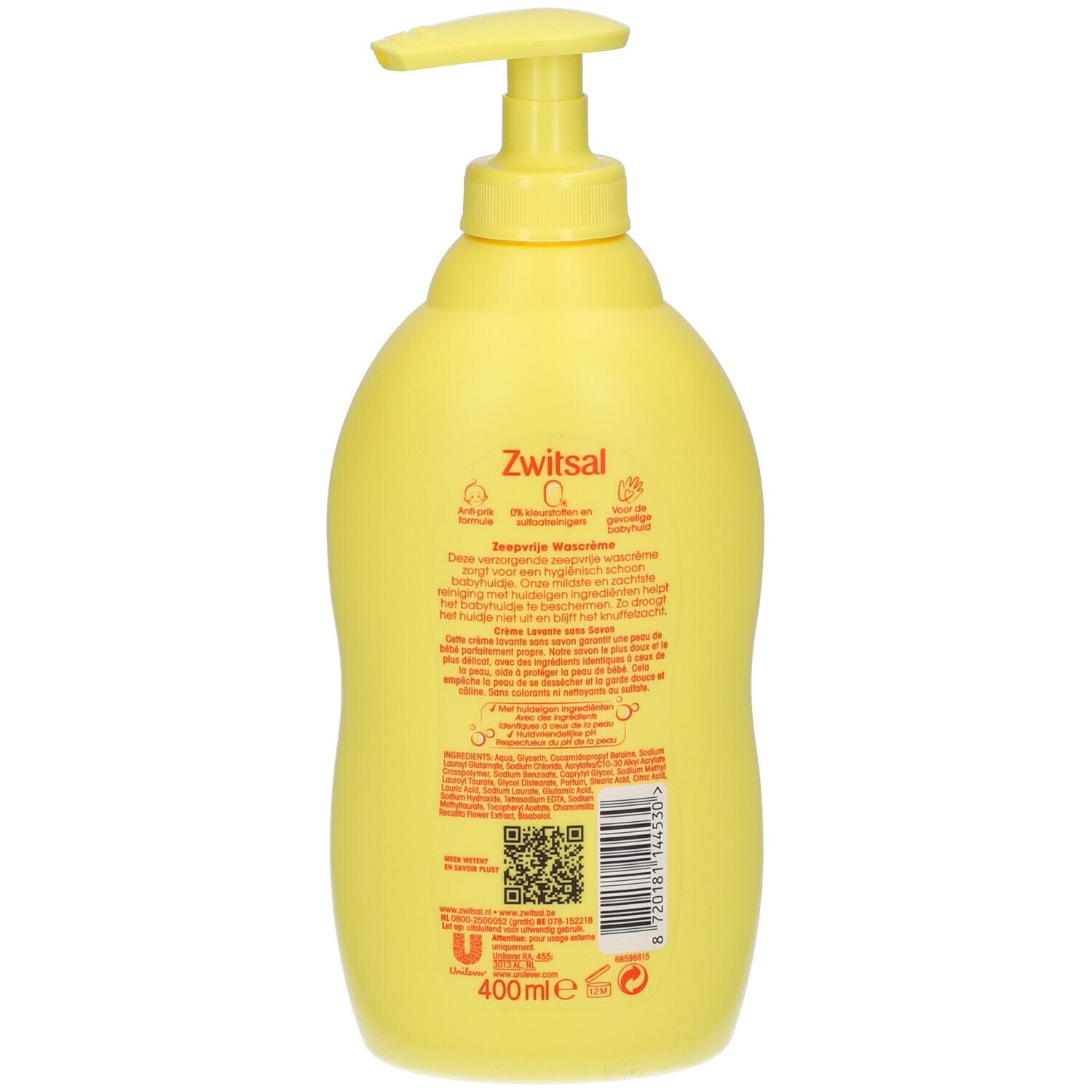 Rückseite einer gelben Flasche mit Dosierpumpe. Text und QR-Code. Aufschrift: Zwitsal Seifenfreie Waschcreme. 400ml.