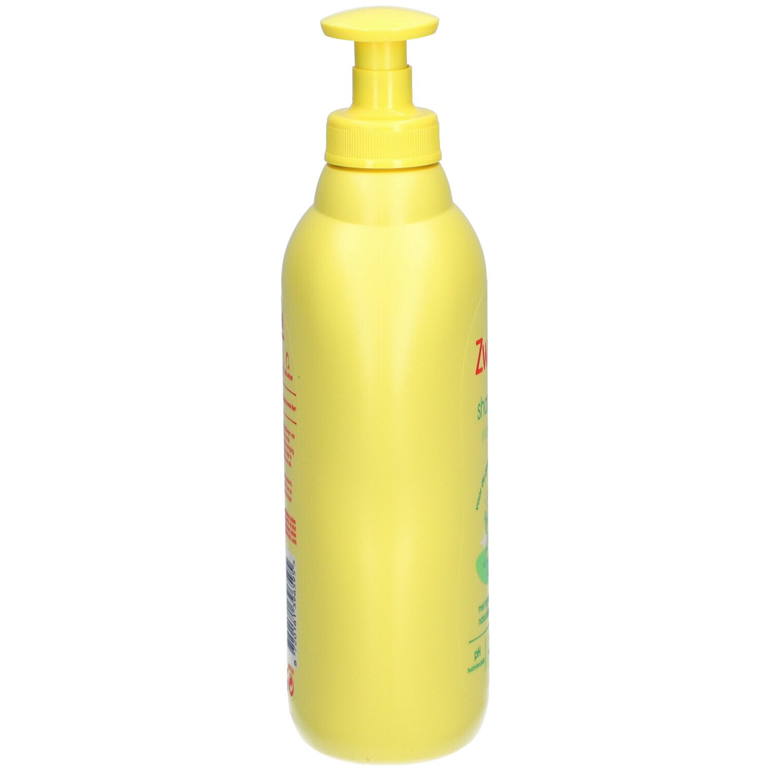Gele Zwitsal shampoo fles met doseerpomp. Zijaanzicht. Tekst en logo's op de fles.