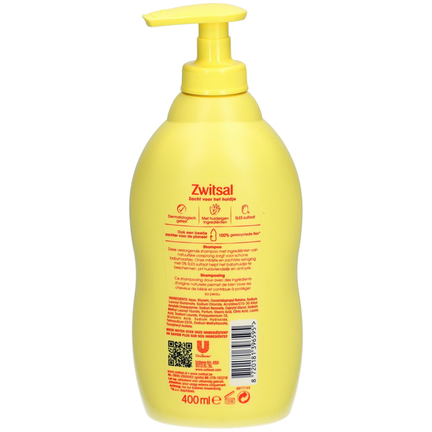 Achterkant van de gele Zwitsal shampoo fles. Tekst, logo's en ingrediënten. 400ml.