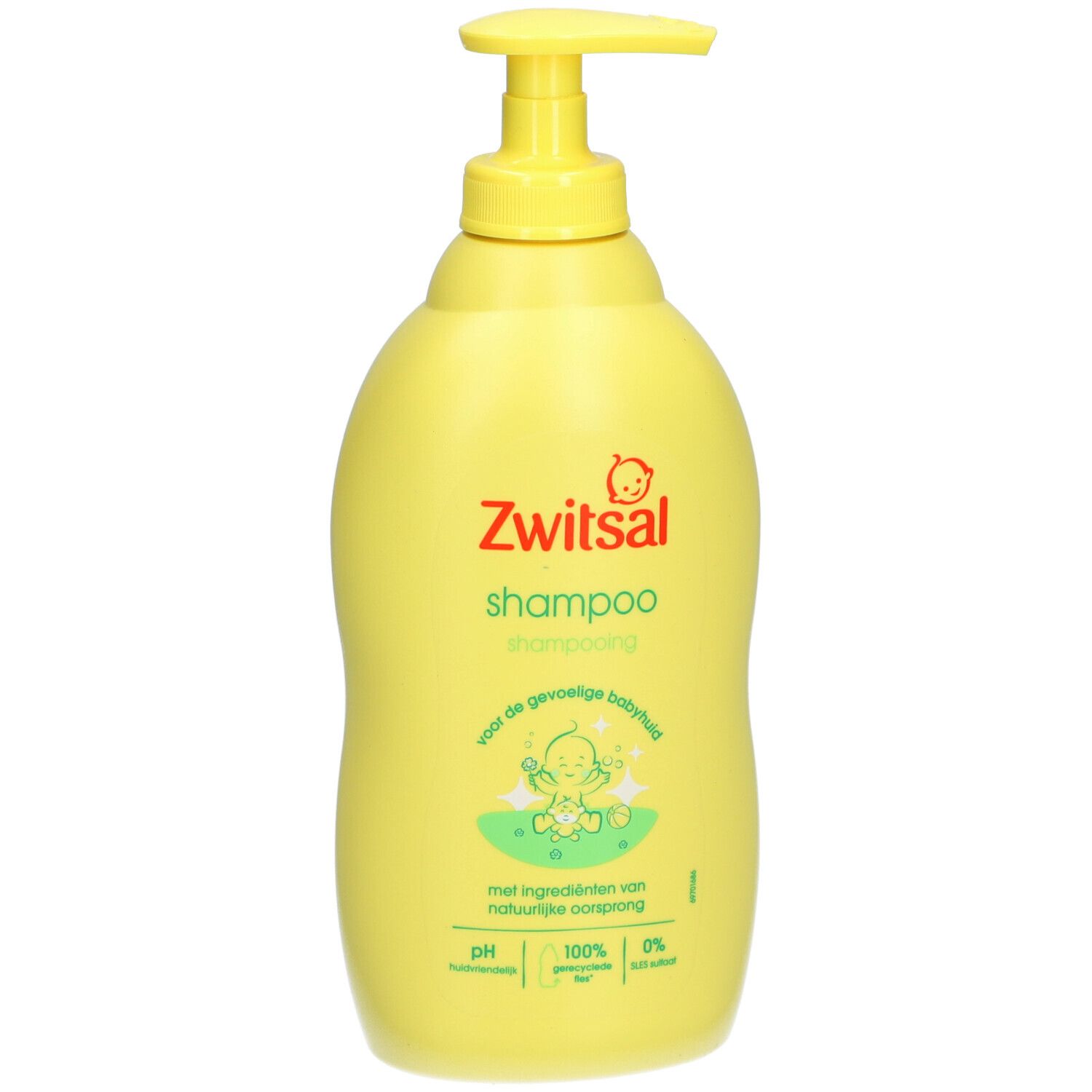 Gele Zwitsal shampoo fles met doseerpomp. Opschrift "shampoo" en logo. Voor de gevoelige babyhuid.