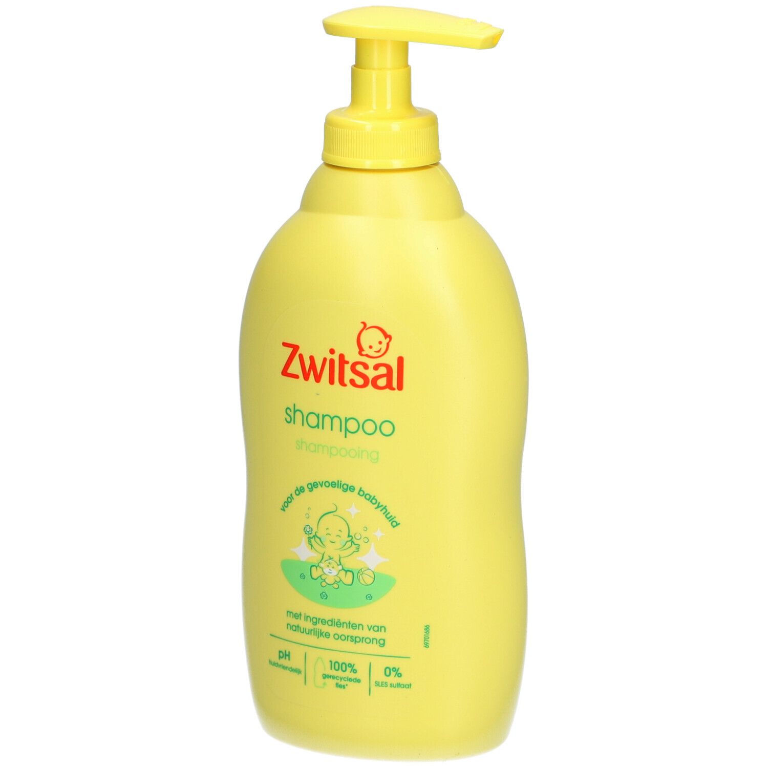 Gele Zwitsal shampoo fles met doseerpomp. Opschrift "shampoo" en logo. Voor de gevoelige babyhuid.