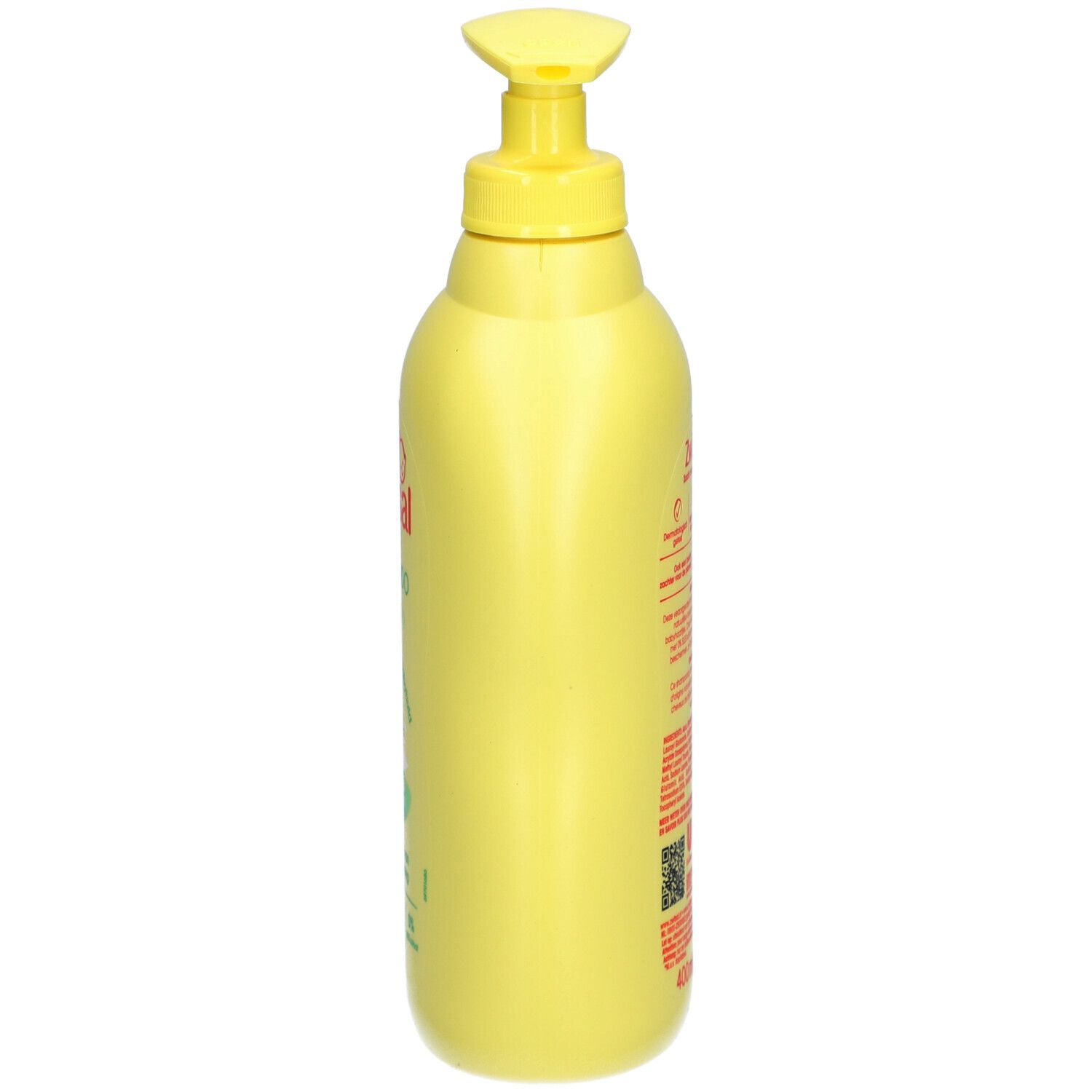 Gele Zwitsal shampoo fles met doseerpomp. Zijaanzicht. Tekst en logo's op de fles.