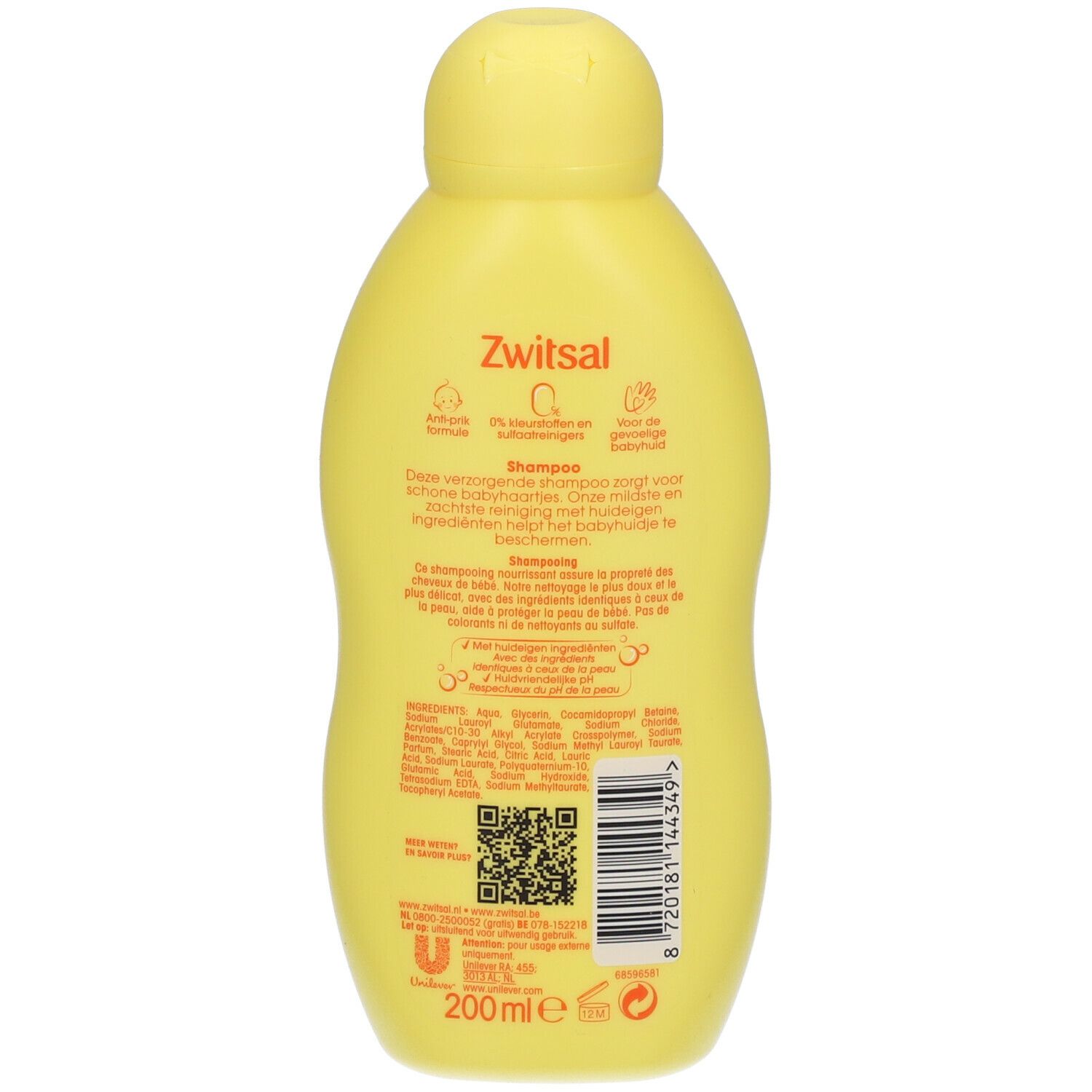 Dos de flacon de shampooing Zwitsal jaune. Texte: Shampooing, ingrédients, code QR, 200ml. Logo Unilever.
