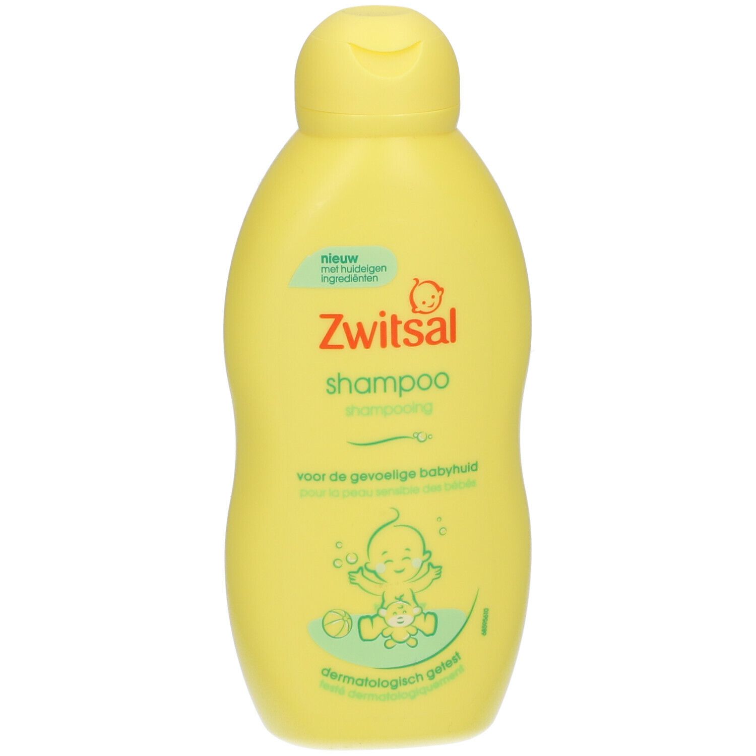 Flacon jaune de shampooing Zwitsal. Inscription: Shampooing, pour peaux sensibles de bébé. Illustration de bébé.