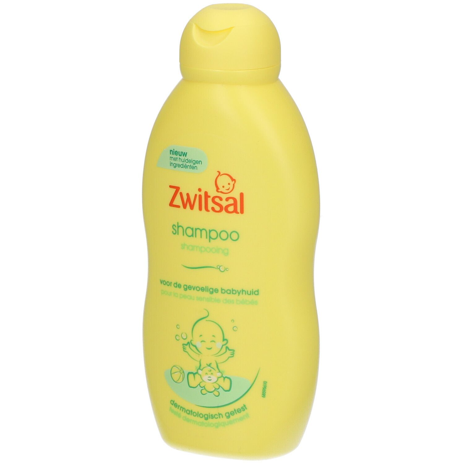 Flacon jaune de shampooing Zwitsal. Inscription: Shampooing, pour peaux sensibles de bébé. Illustration de bébé.