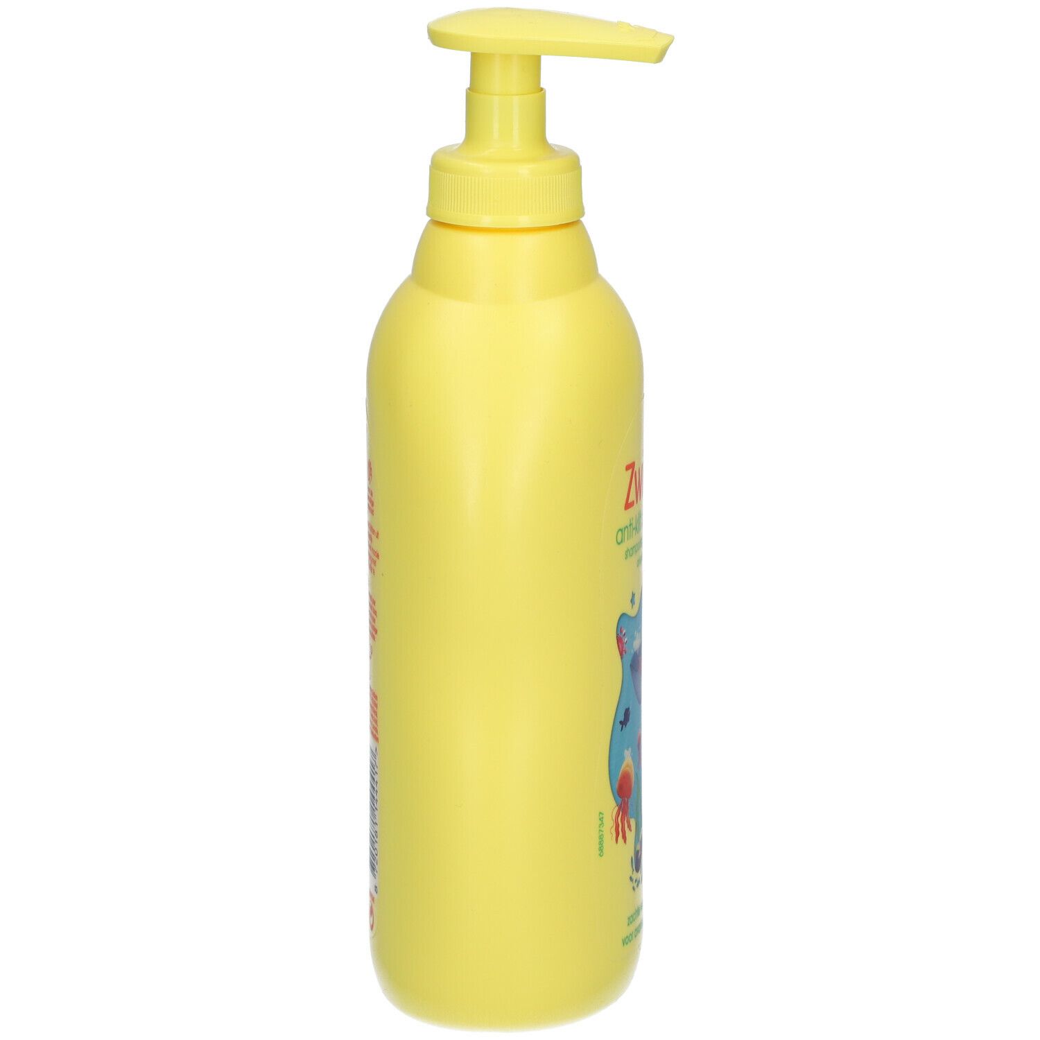 Gele shampoo fles met pomp, zijaanzicht. Opschrift: Zwitsal Kids Anti-Klit Shampoo.