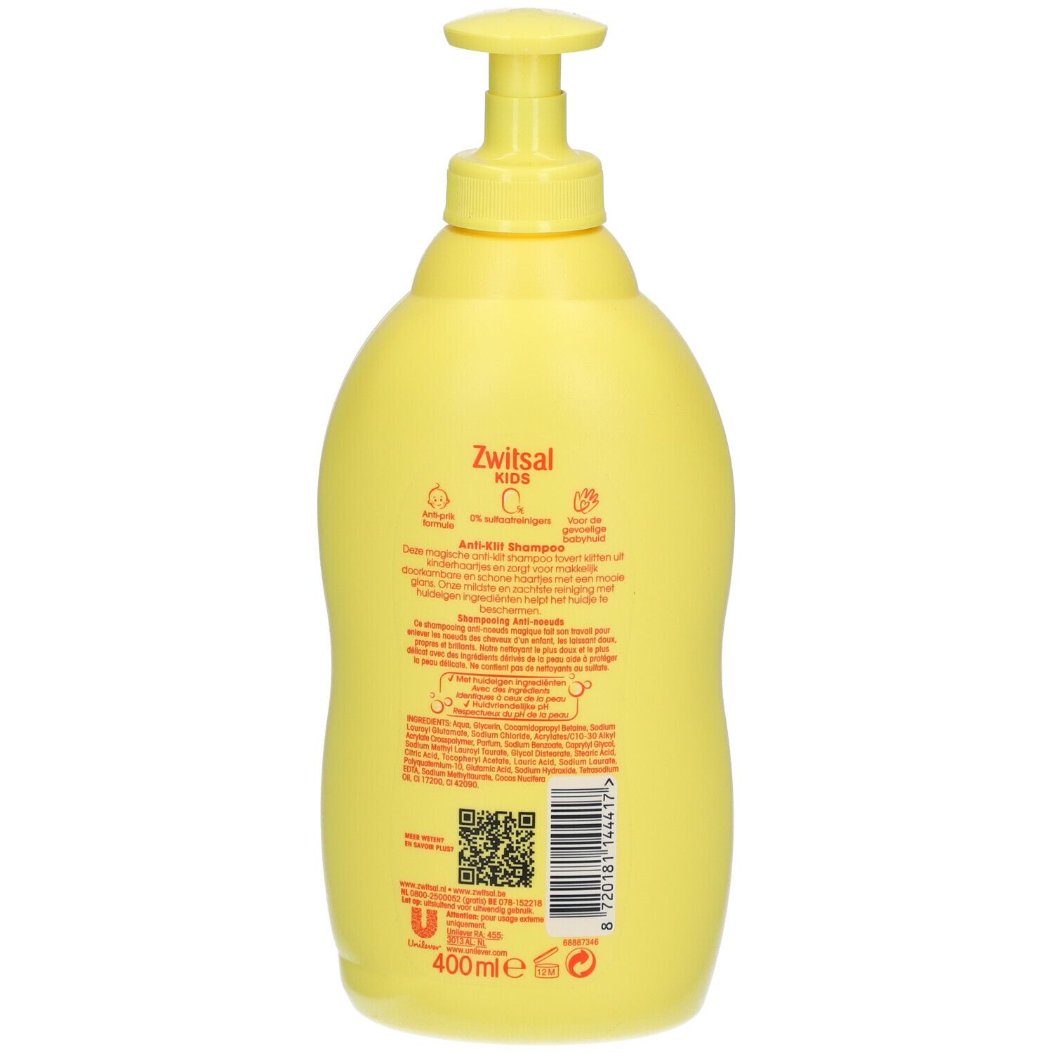 Achterkant van de gele shampoo fles. Tekst en QR-code. Opschrift: Zwitsal Kids Anti-Klit Shampoo.