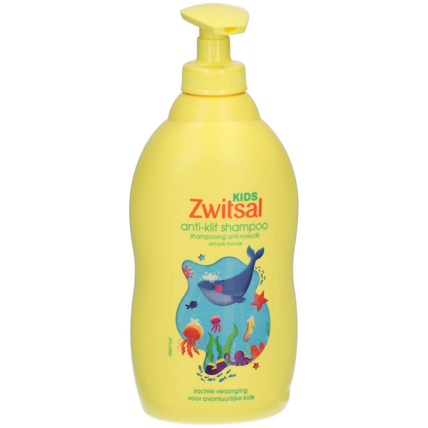 Gele shampoo fles met pomp. Opschrift: Zwitsal Kids Anti-Klit Shampoo. Onderwater illustratie.