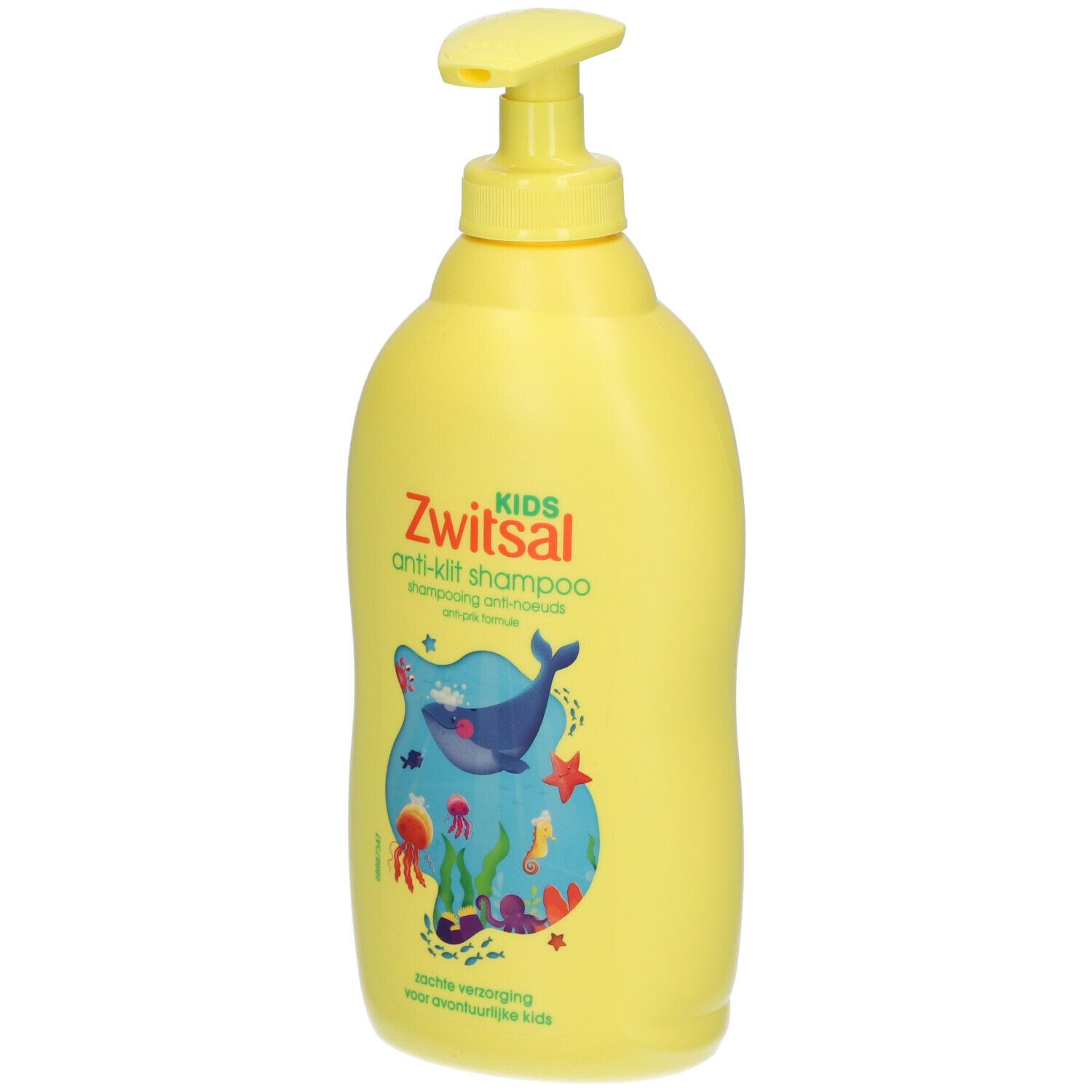 Gele shampoo fles met pomp. Opschrift: Zwitsal Kids Anti-Klit Shampoo. Onderwater illustratie.