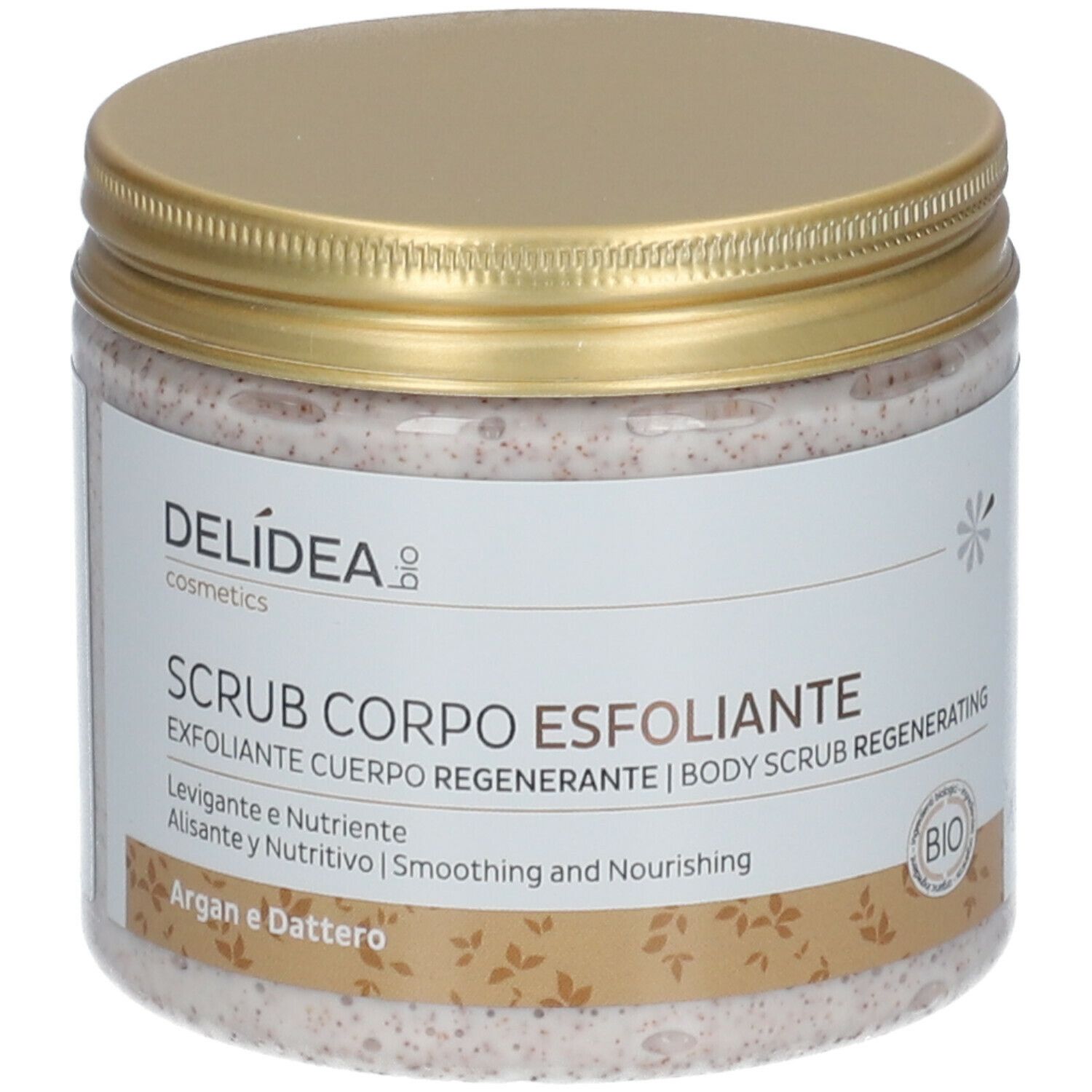 Pot en verre avec couvercle doré. Inscription Delidea, Scrub Corpo Esfoliante. Label Bio. Contenu visible.