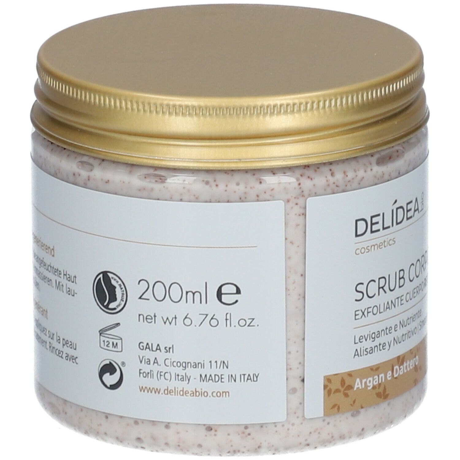 Pot avec couvercle doré. Inscription Delidea. Dos avec texte et symboles. 200ml, net 6.76 fl.oz.