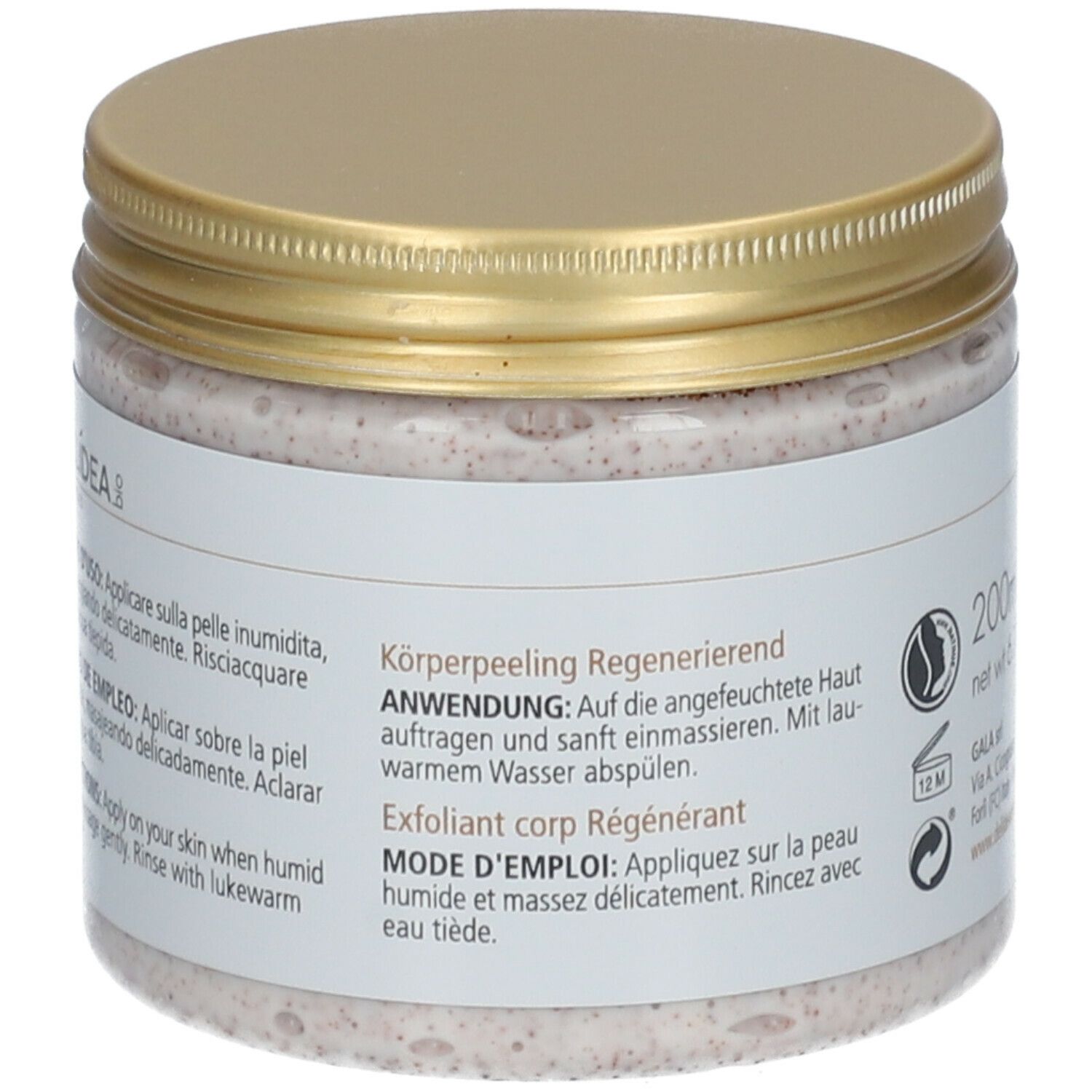 Pot avec couvercle doré. Dos avec texte. Instructions d'utilisation en allemand et français. 200ml.