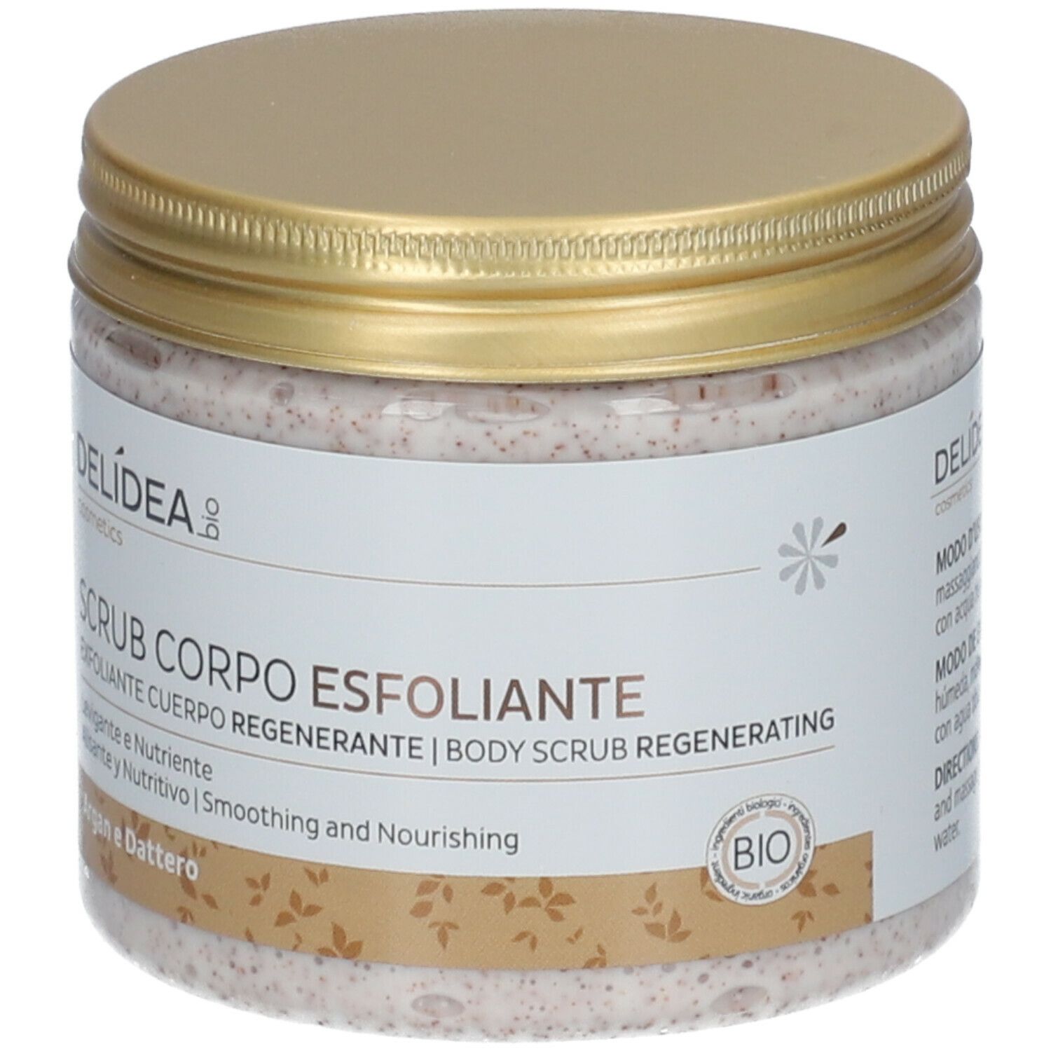 Pot avec couvercle doré. Inscription Delidea, Scrub Corpo Esfoliante. Label Bio. Contenu visible.