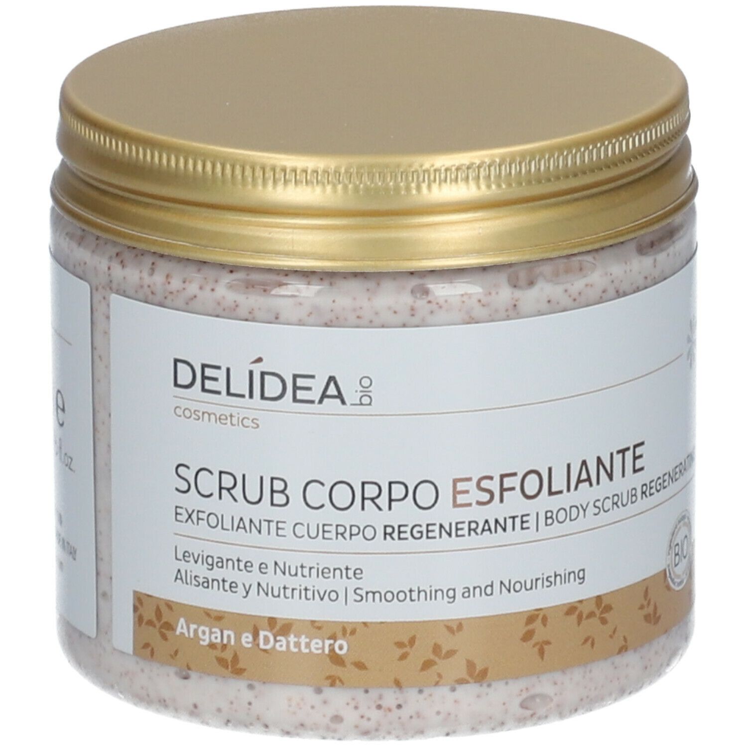 Pot avec couvercle doré. Inscription Delidea, Scrub Corpo Esfoliante. Label Bio. Contenu visible.