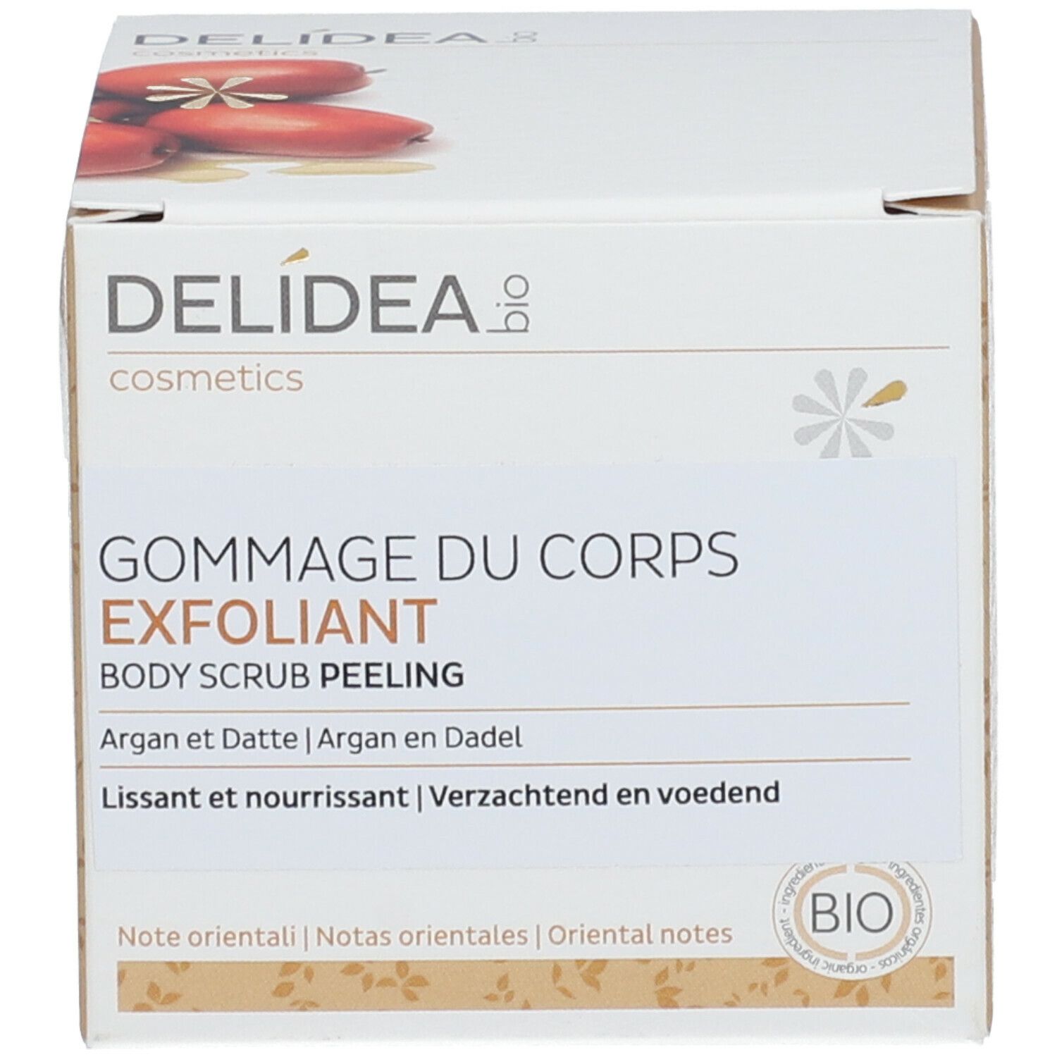 Emballage. Inscription Delidea, Gommage du Corps Exfoliant. Label Bio. Notes orientales.