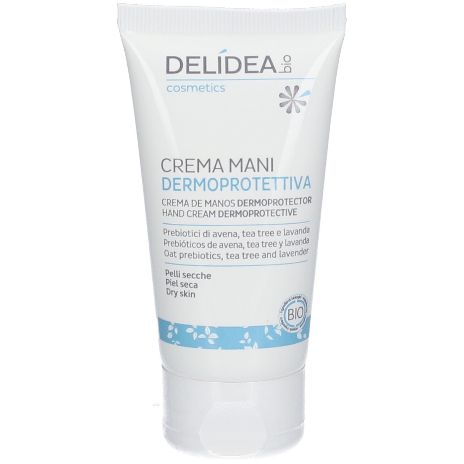 Weiße Tube Handcreme. Aufschrift: Delídea Cosmetics, Crema Mani Dermoprotettiva. Bio-Zertifizierung. Für trockene Haut.