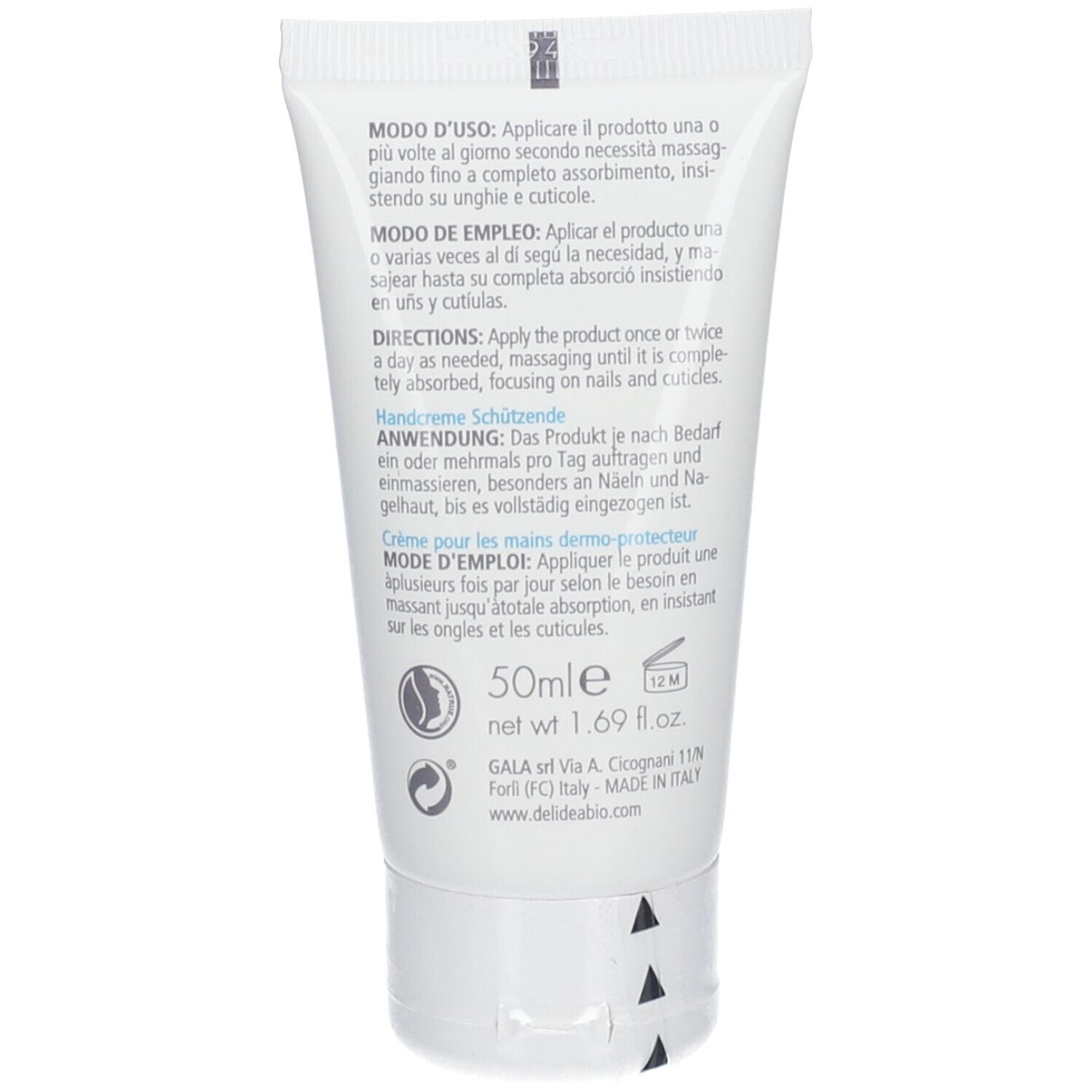 Rückseite der Handcreme-Tube. Text in mehreren Sprachen: Anwendung, Inhaltsstoffe, 50ml, 1.69 fl.oz. Made in Italy.
