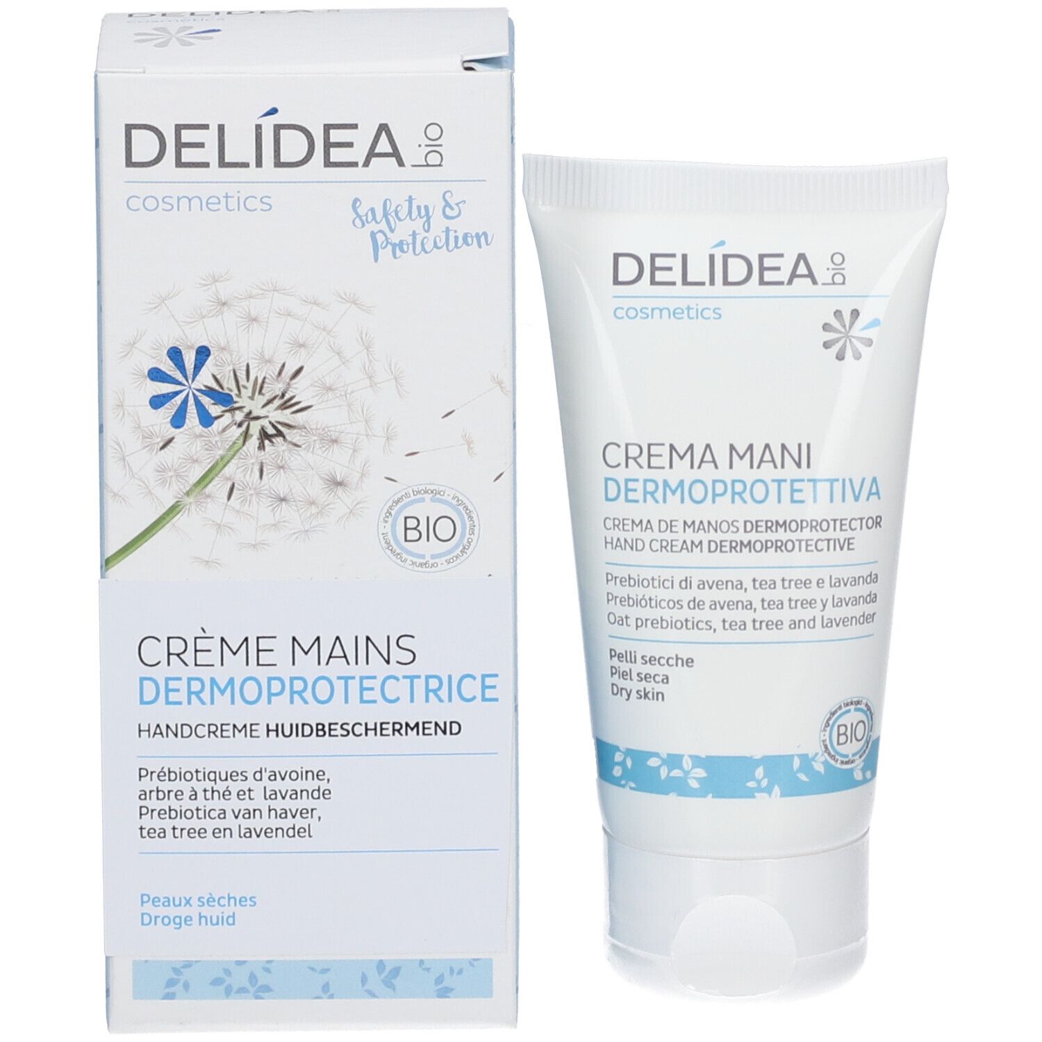 Handcreme-Tube und Schachtel. Aufschrift: Delídea Cosmetics, Crème Mains Dermoprotectrice. Bio-Zertifizierung. Für trockene Haut.
