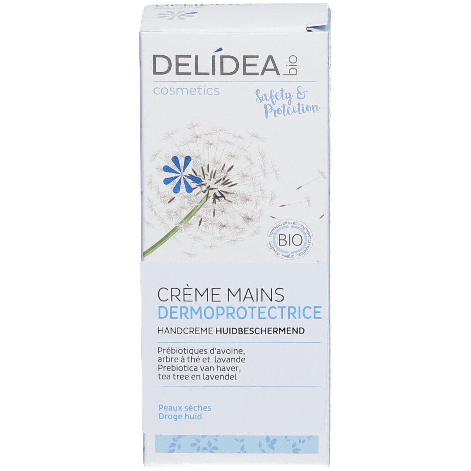 Schachtel mit Handcreme. Aufschrift: Delídea Cosmetics, Crème Mains Dermoprotectrice. Bio-Zertifizierung. Für trockene Haut.