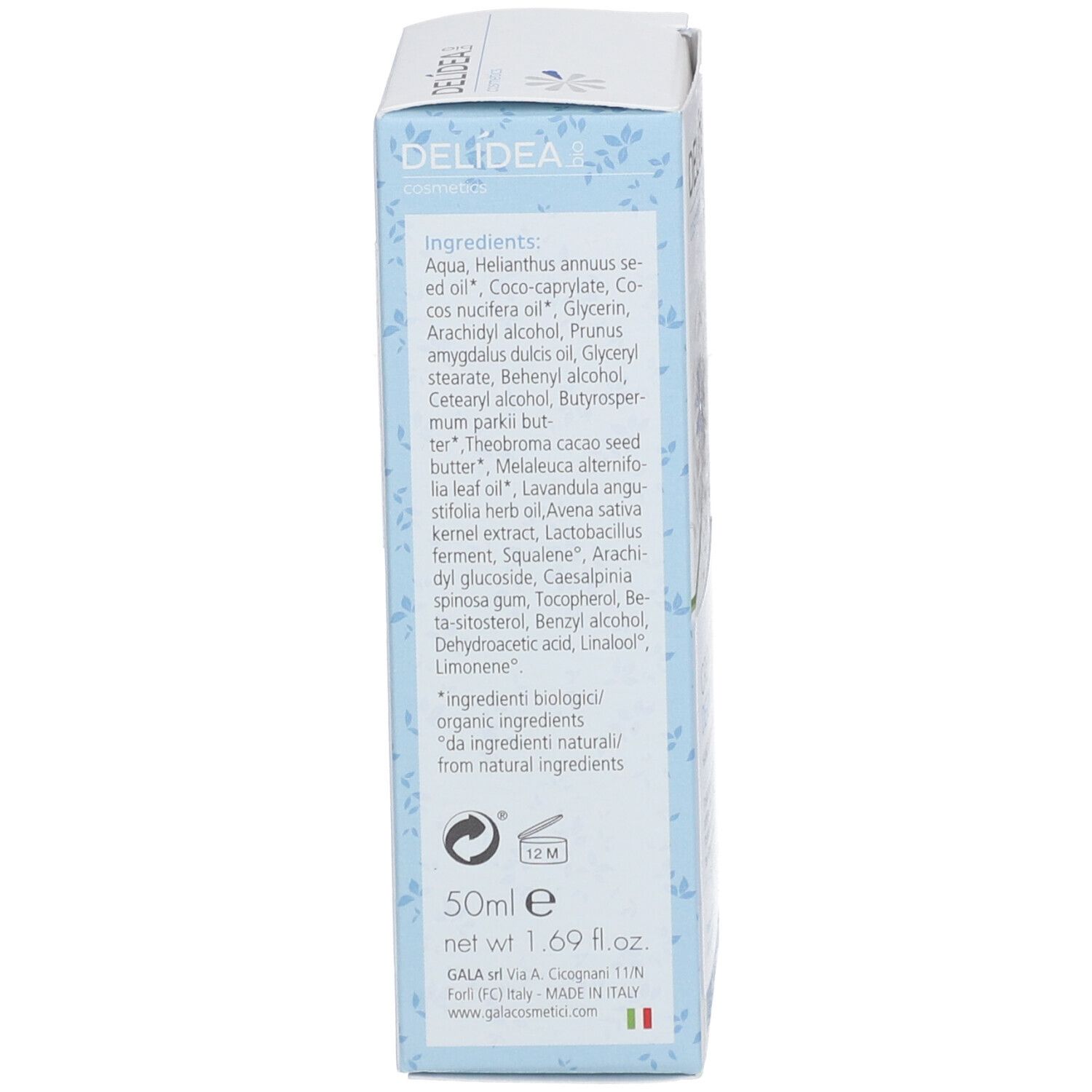 Rückseite der Handcreme-Schachtel. Auflistung der Inhaltsstoffe, 50ml, 1.69 fl.oz. Made in Italy. Bio-Zertifizierung.