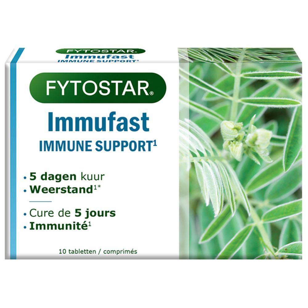 Boîte de "FYTOSTAR Immufast Immune Support". Texte: Cure de 5 jours, Immunité. 10 comprimés. Design vert et blanc.