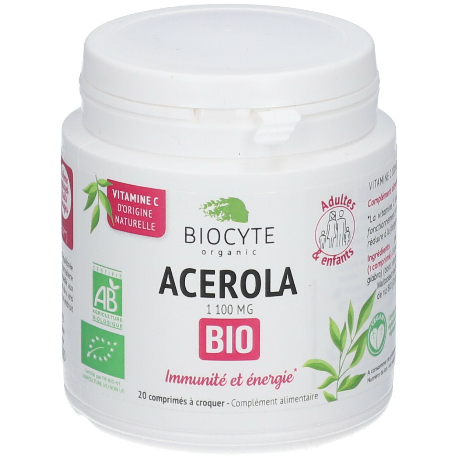 Witte pot BIOCYTE Acerola. Opschrift: 1100 mg, BIO, Immuniteit en energie. 20 kauwtabletten. AB Bio-label.