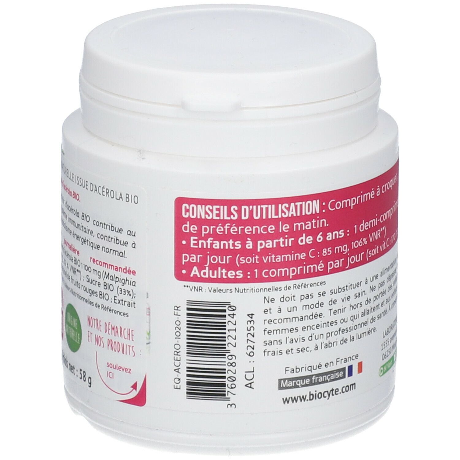 Achterkant van de witte pot BIOCYTE Acerola. Gebruiksaanwijzing, ingrediënten, fabrikantinfo. Nettogewicht: 58 g.