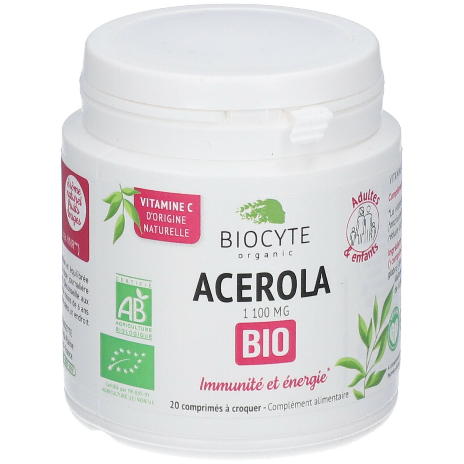 Witte pot BIOCYTE Acerola. Opschrift: 1100 mg, BIO, Immuniteit en energie. 20 kauwtabletten. AB Bio-label.