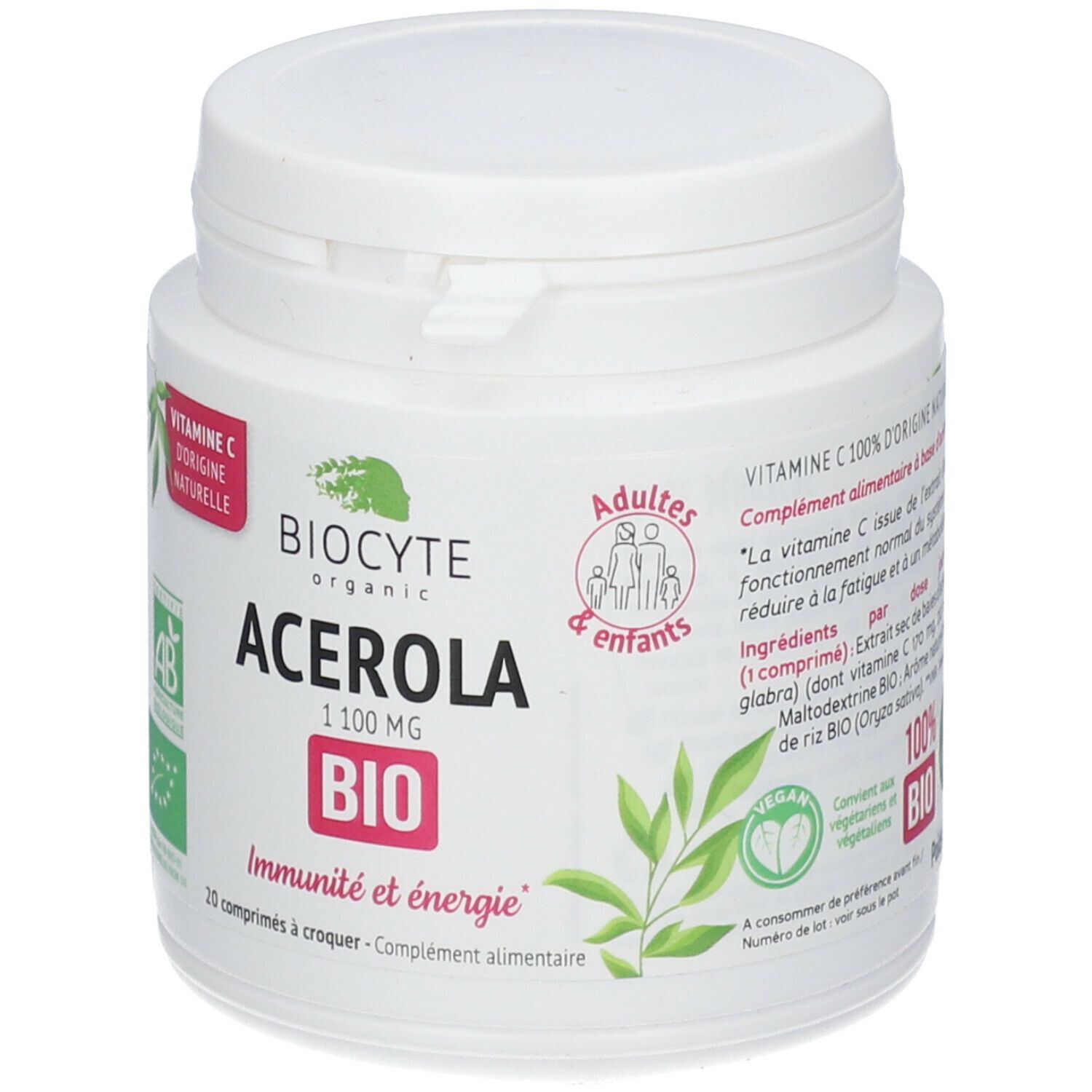 Witte pot BIOCYTE Acerola. Opschrift: 1100 mg, BIO, Immuniteit en energie. 20 kauwtabletten. Vegan label.