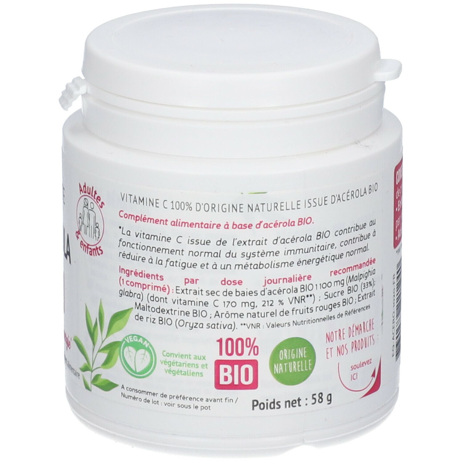Achterkant witte pot BIOCYTE Acerola. Ingrediënten, gebruiksaanwijzing, vegan label, bio label. Nettogewicht: 58 g.