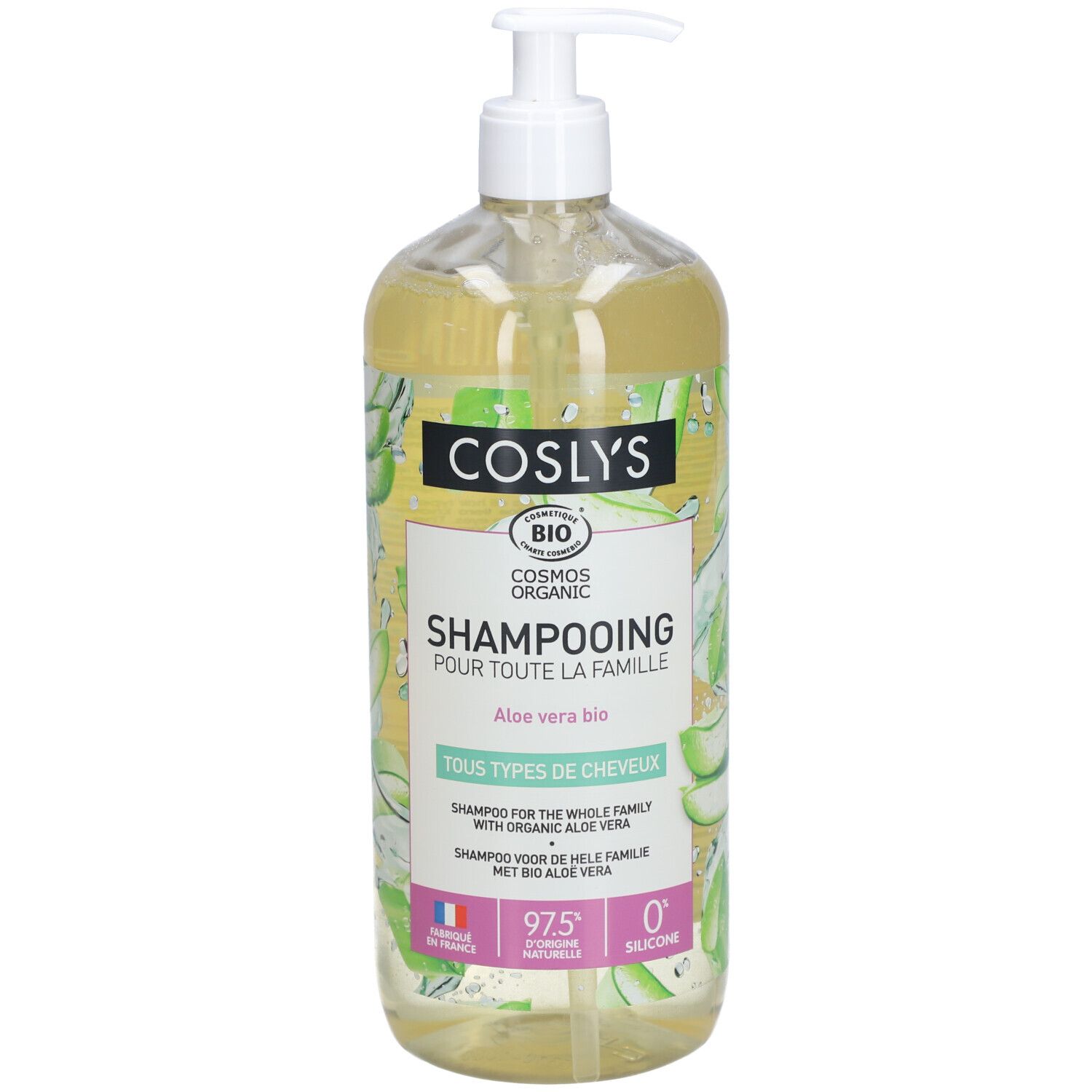 Transparente Flasche mit Pumpe. Aufschrift: Coslys, Shampooing, Aloe vera bio, Tous types de cheveux. Bio-Zertifizierung.