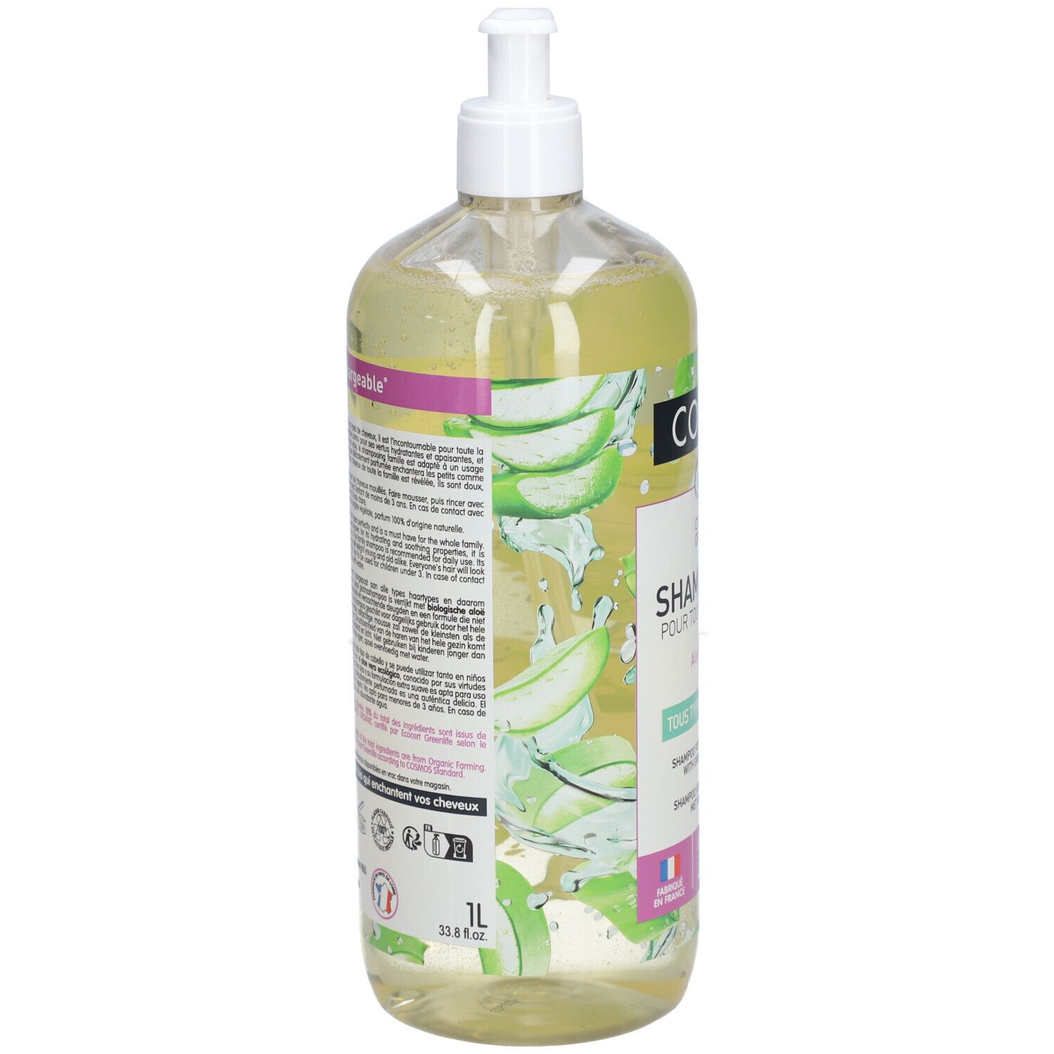 Transparente Flasche mit Pumpe. Rückseite mit Text und Aloe Vera-Motiv. Volumen: 1L. Zertifizierungen und Logos.