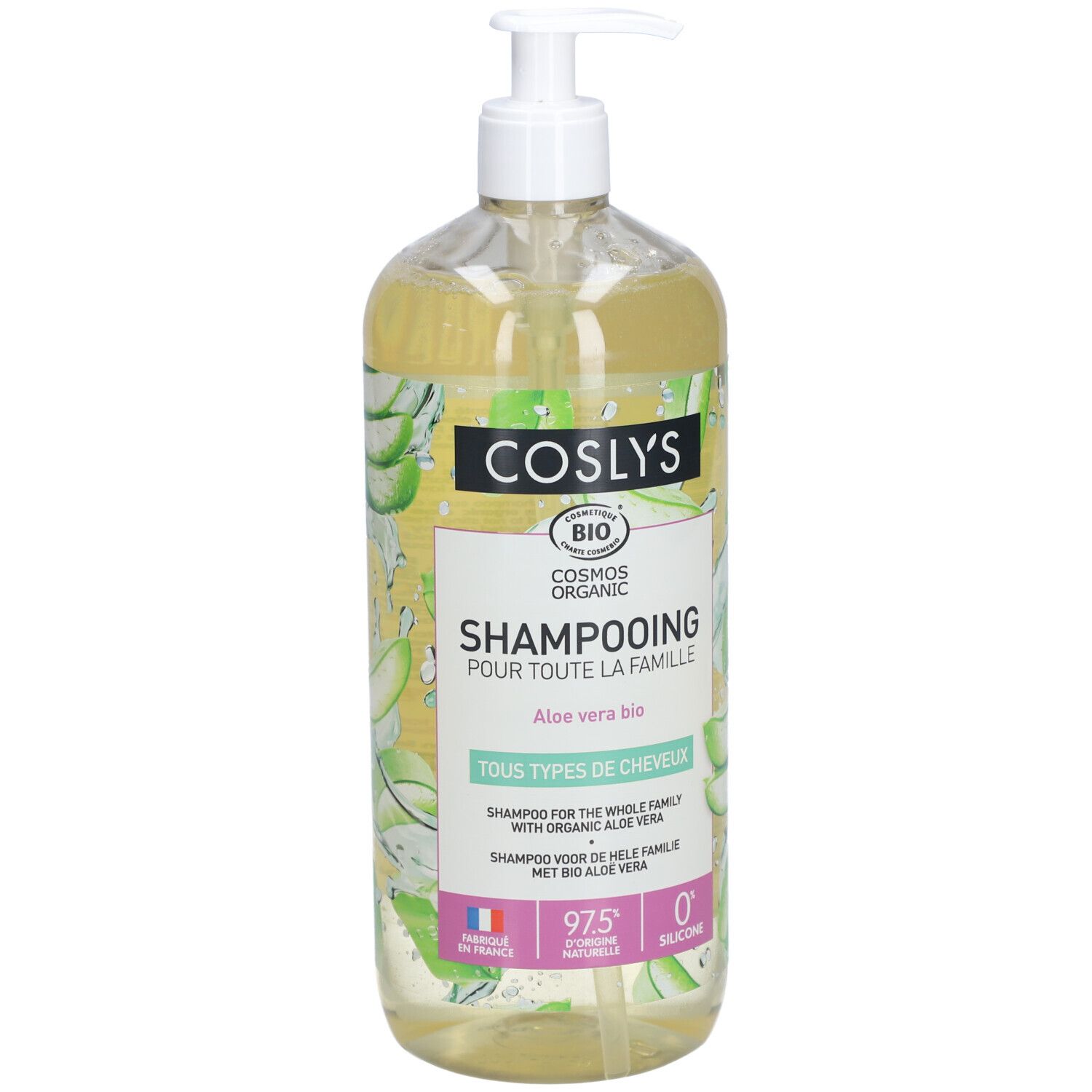 Transparente Flasche mit Pumpe. Aufschrift: Coslys, Shampooing, Aloe vera bio, Tous types de cheveux. Bio-Zertifizierung.