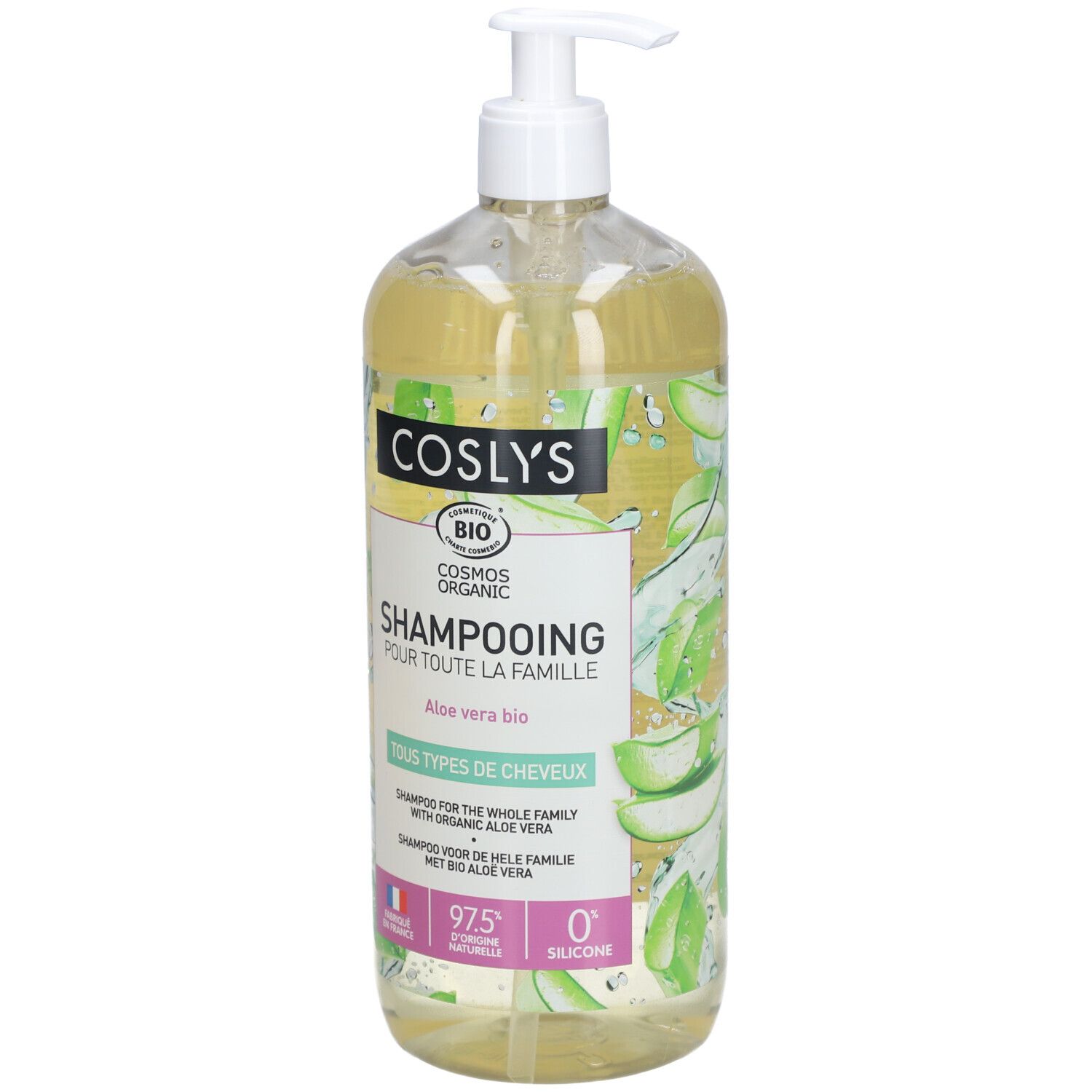 Transparente Flasche mit Pumpe. Aufschrift: Coslys, Shampooing, Aloe vera bio, Tous types de cheveux. Bio-Zertifizierung.