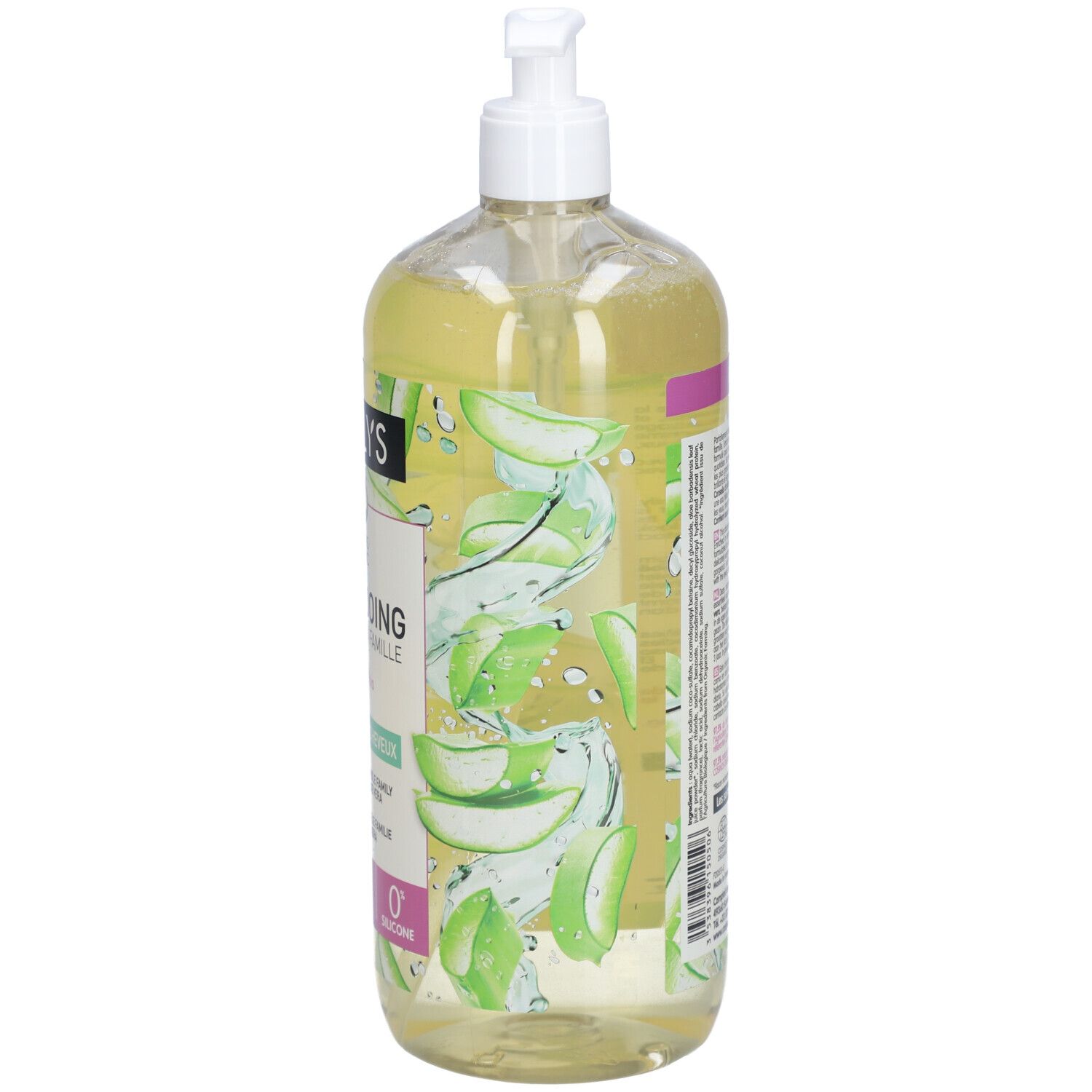 Transparente Flasche mit Pumpe. Rückseite mit Text und Aloe Vera-Motiv. Aufschrift: Shampooing. 0% Silikon.