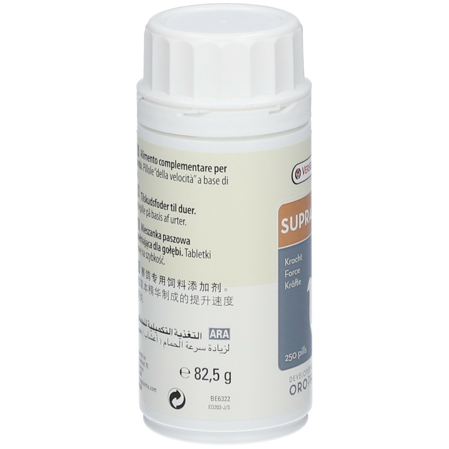 Dos du flacon blanc avec bouchon à vis. Texte en plusieurs langues. Marque : Versele-Laga. Poids : 82,5 g.