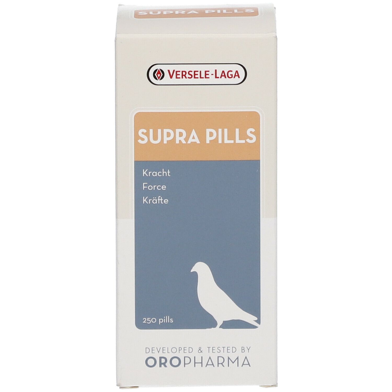 Boîte du produit. Étiquette avec nom du produit, colombe et texte. Marque : Versele-Laga. 250 pilules.