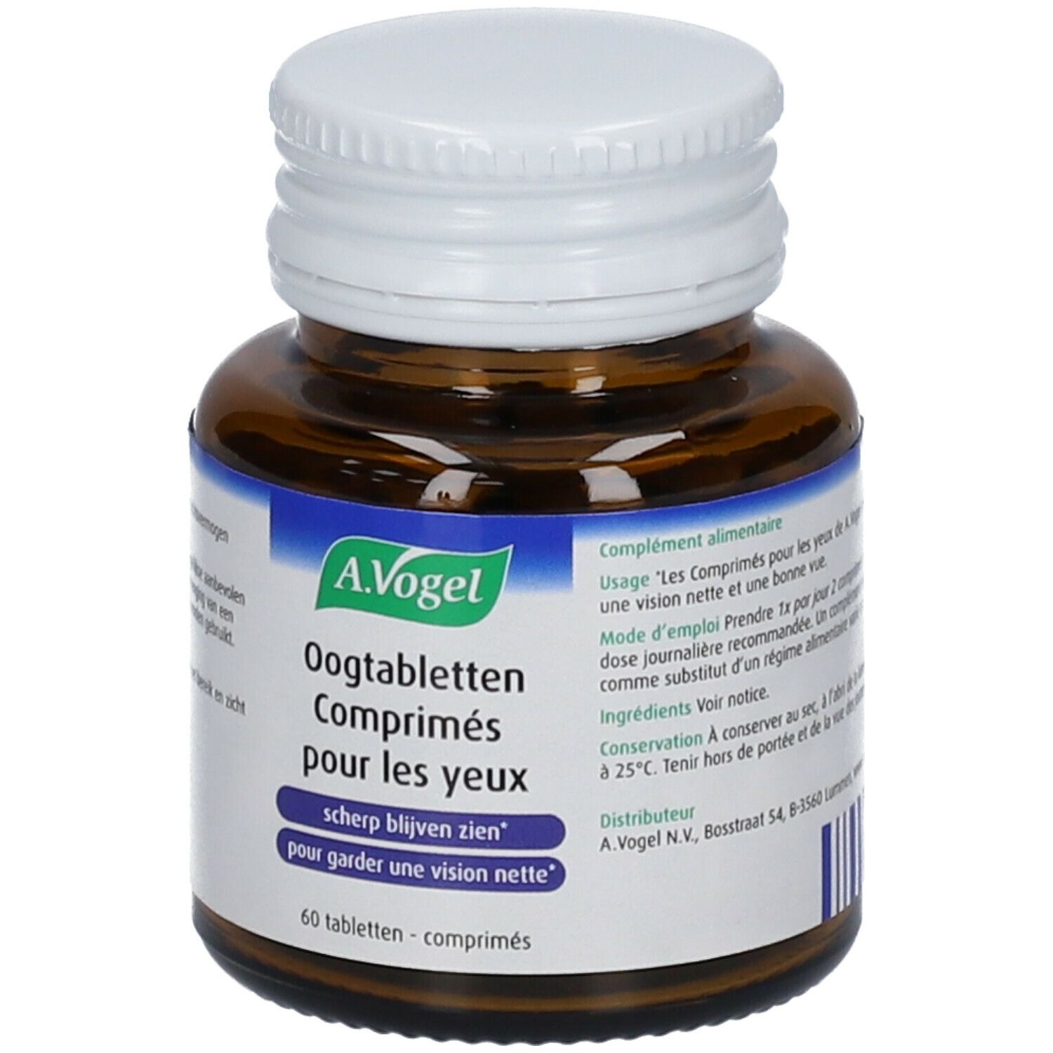 Bruine glazen fles met witte dop. Etiket met productnaam A.Vogel Augentabletten. Tekst in het Nederlands en Frans. 60 tabletten.