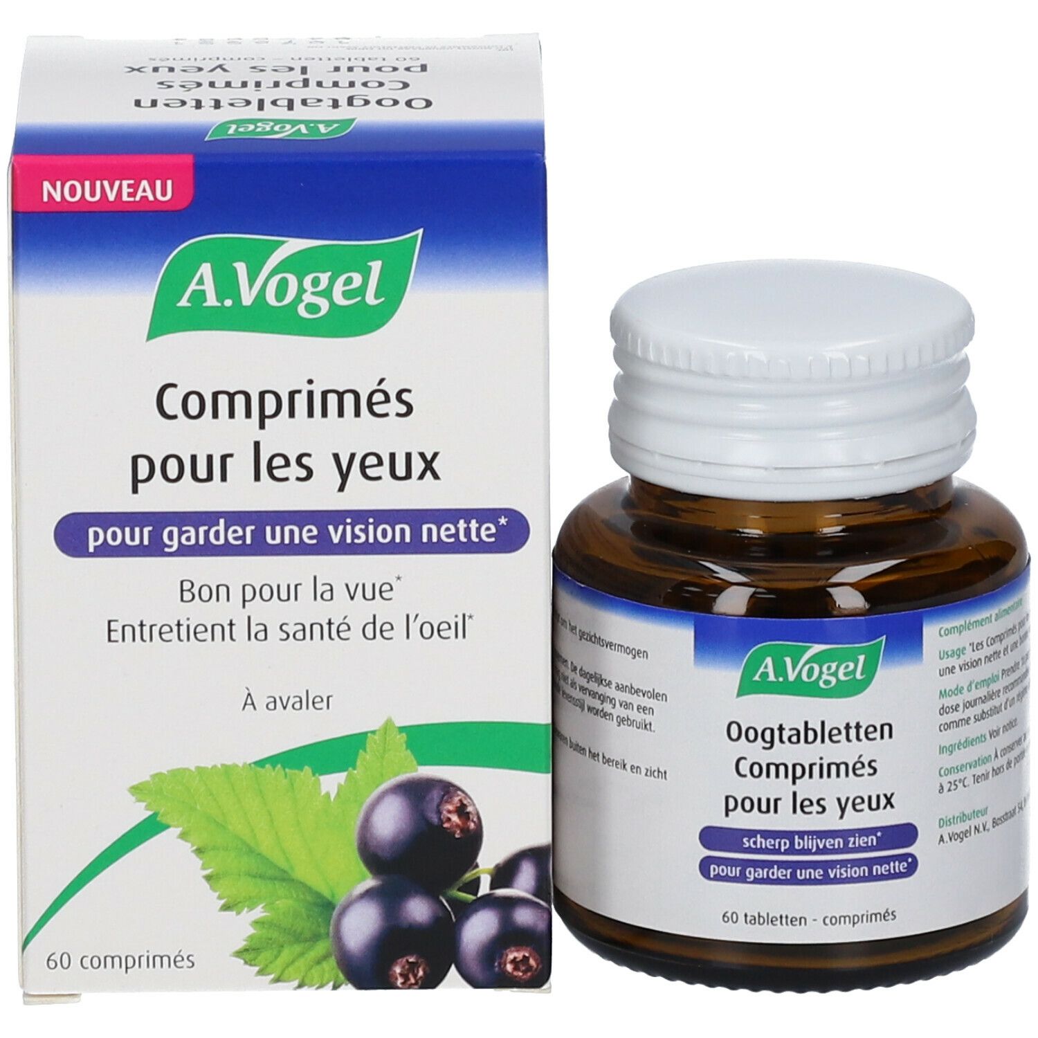 Productverpakking en fles. Verpakking met productnaam A.Vogel Augentabletten. Tekst in het Frans. Fles met 60 tabletten.