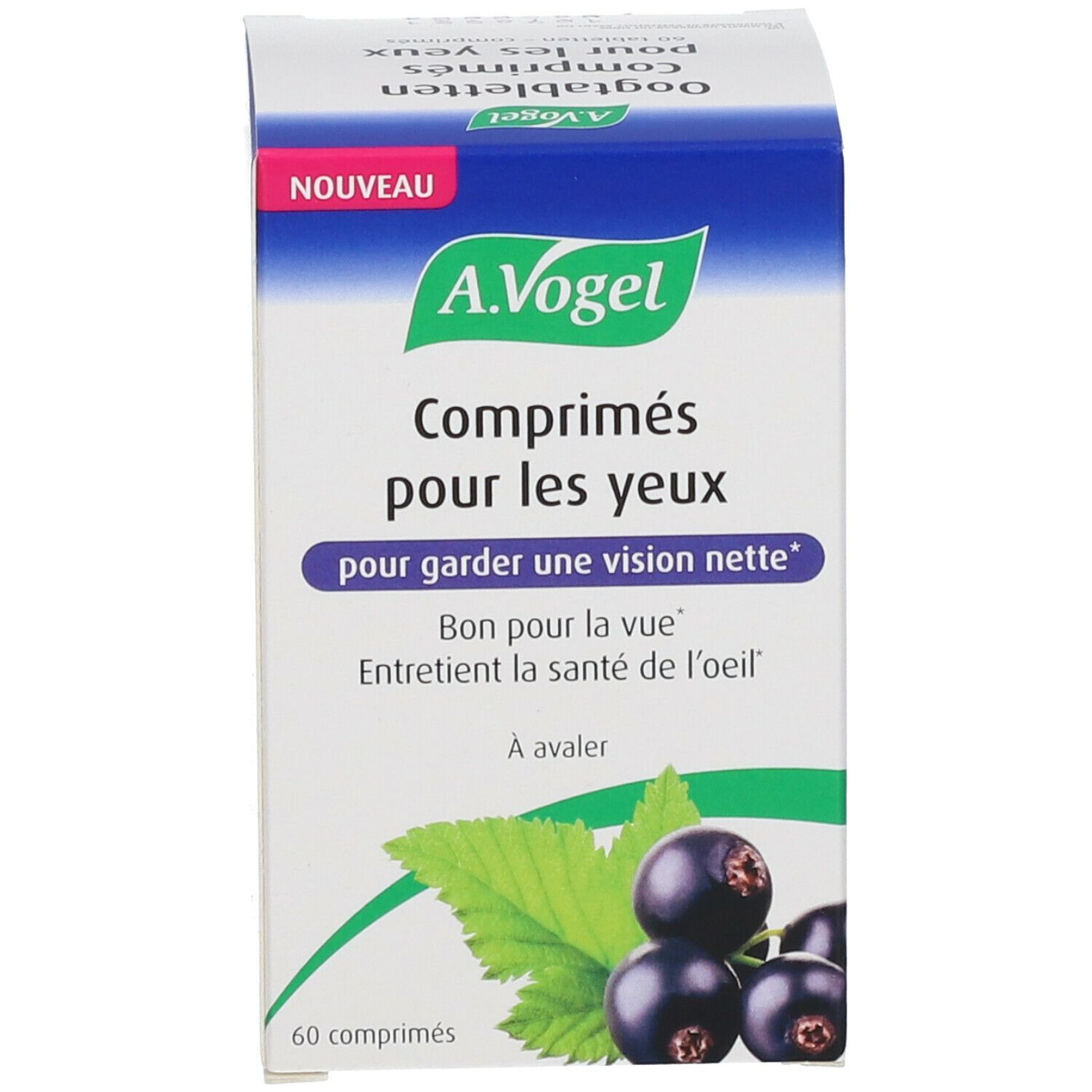 Productverpakking. Verpakking met productnaam A.Vogel Augentabletten. Tekst in het Frans. Illustratie van zwarte bessen en bladeren.