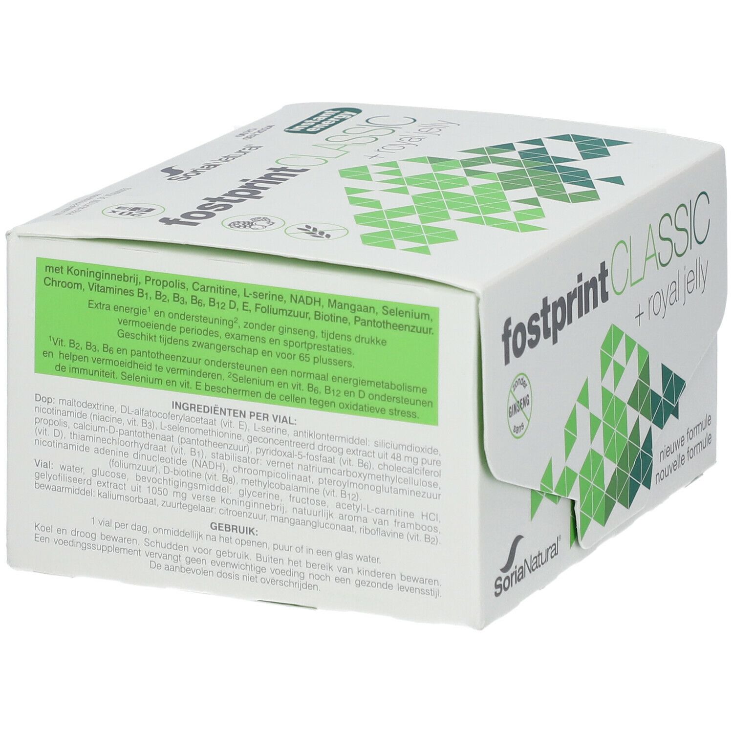 Witte doos met productinformatie. Tekst: Fostprint Classic + Royal Jelly. Ingrediënten en voedingswaarde.