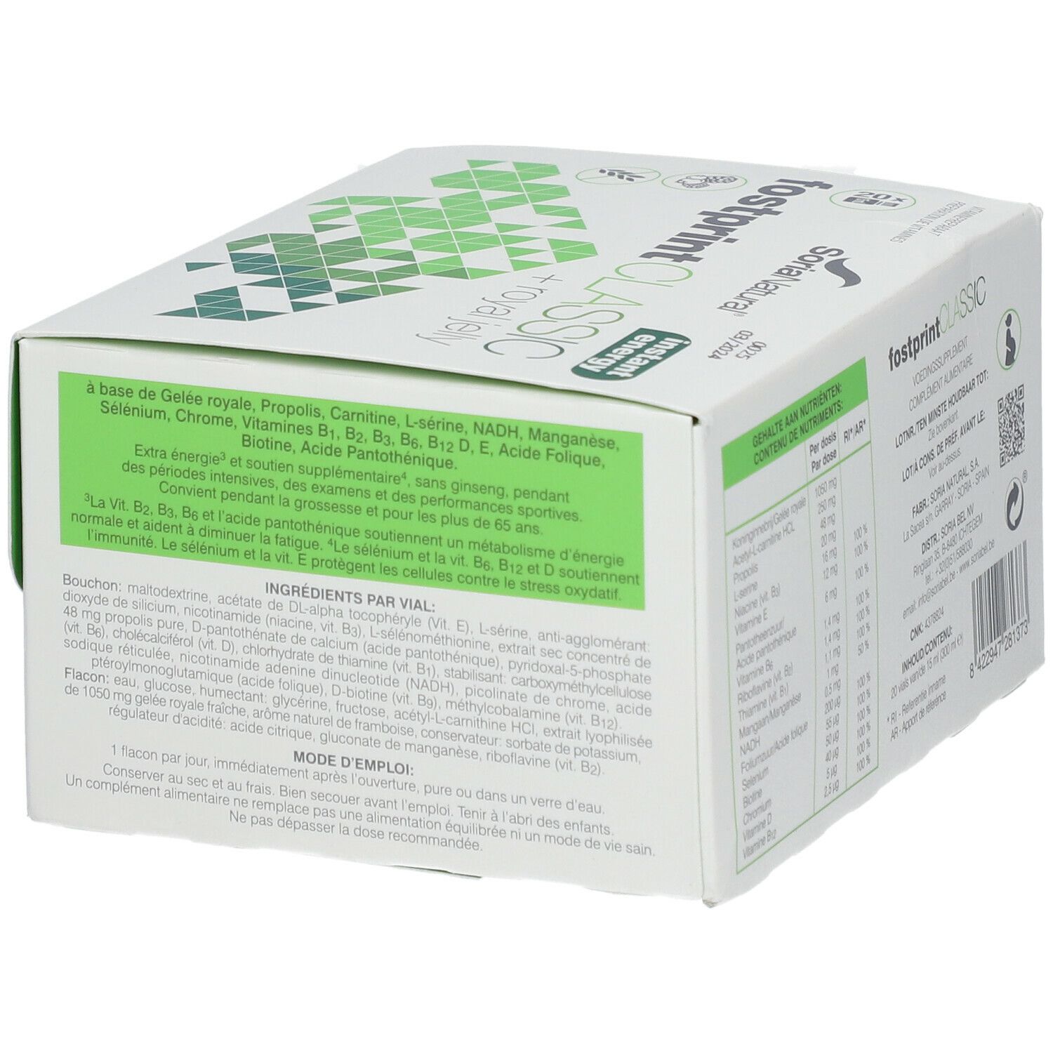 Witte doos met productinformatie. Tekst: Fostprint Classic + Royal Jelly. Ingrediënten en gebruiksaanwijzing.