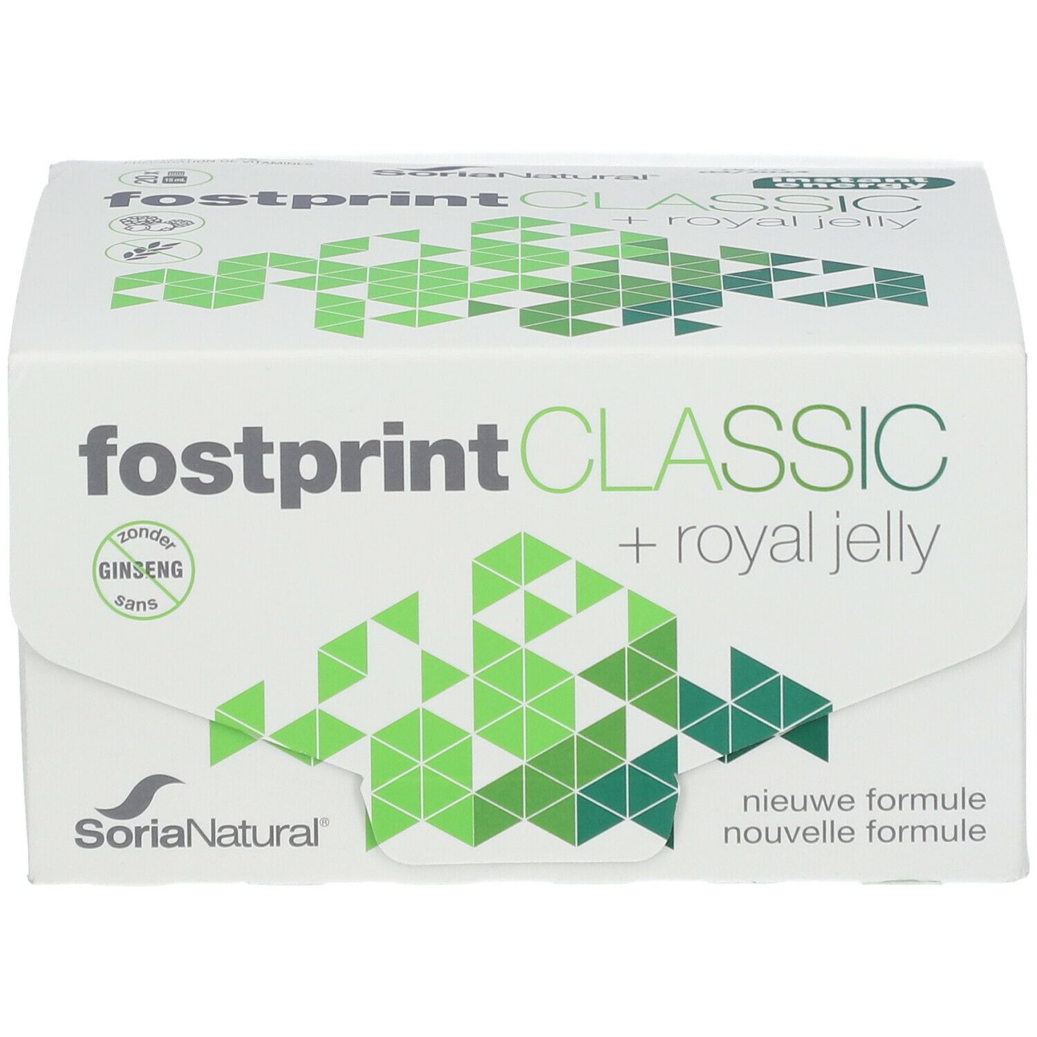 Witte doos met productnaam en logo. Groen-witte geometrische patronen. Tekst: Fostprint Classic + Royal Jelly.