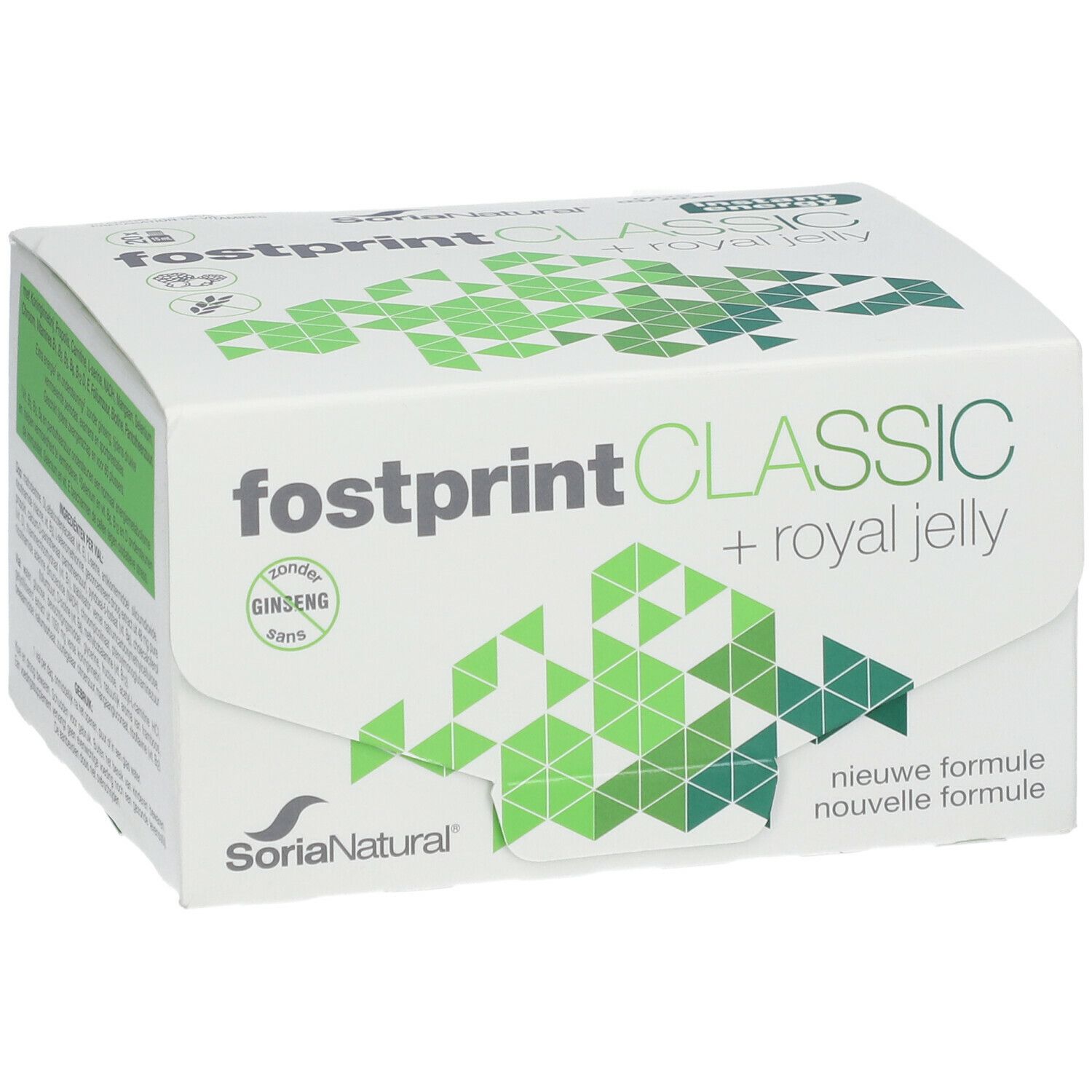 Witte doos met productnaam en logo. Groen-witte geometrische patronen. Tekst: Fostprint Classic + Royal Jelly.