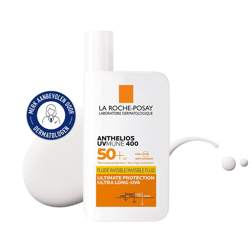 Fles La Roche-Posay Anthelios UVmune 400 Fluide Invisible SPF50+. Dermatologenmerk. Witte vloeistof en druppels.