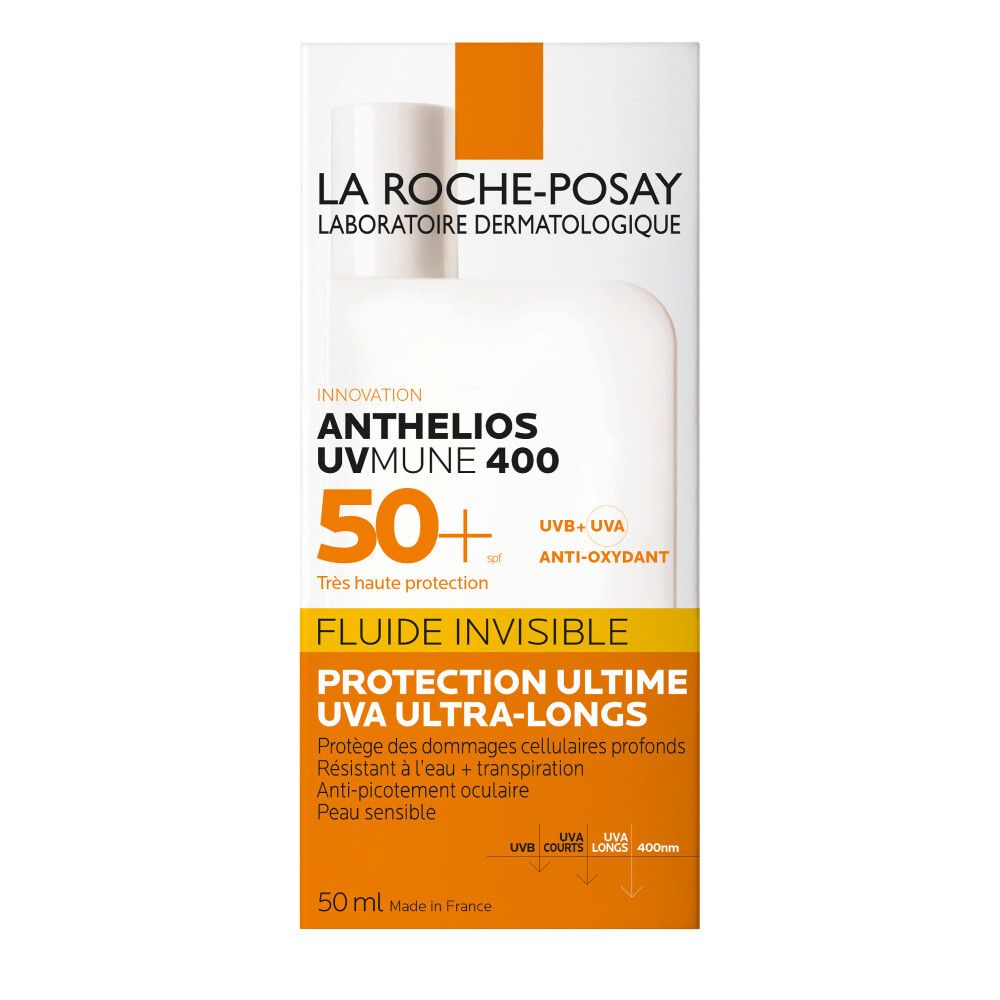 Verpakking La Roche-Posay Anthelios UVmune 400 SPF50+. Tekst: Fluide Invisible, UVA Ultra-Longs, 50 ml. Gemaakt in Frankrijk.