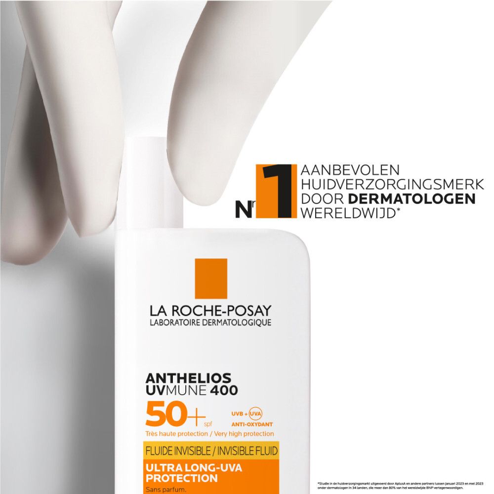 Fles La Roche-Posay Anthelios UVmune 400. Aanbevolen door dermatologen. Product en tekst.