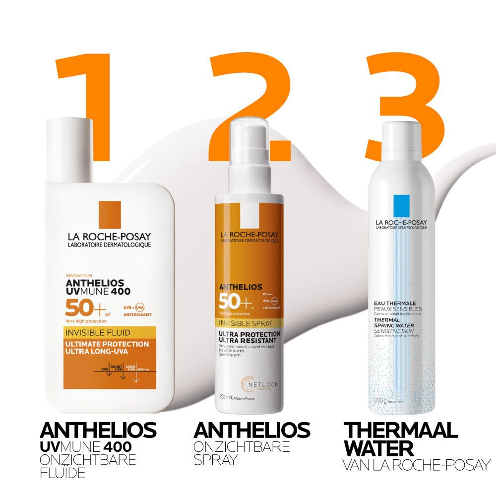 Drie La Roche-Posay producten: Anthelios UVmune 400 Fluide, Invisible Spray, Eau Thermale. Allemaal SPF50+.