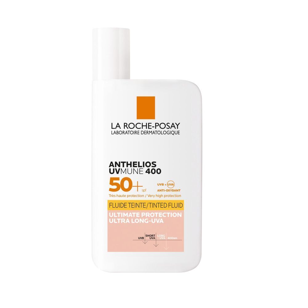 Witte fles La Roche-Posay Anthelios UVmune 400. Tekst: 50+ SPF, Fluide Teinté, Ultimate Protection.